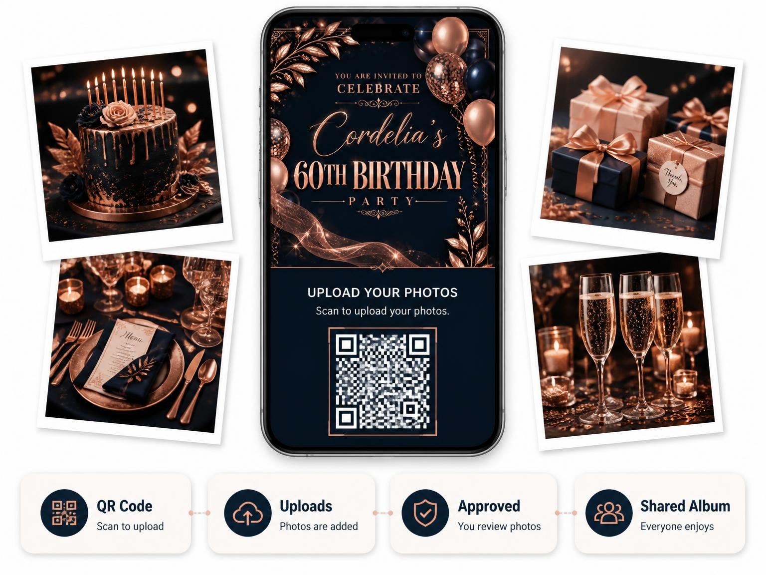 The shared photo gallery that comes with the Navy and Rose Gold 60th Birthday Invitation invitation