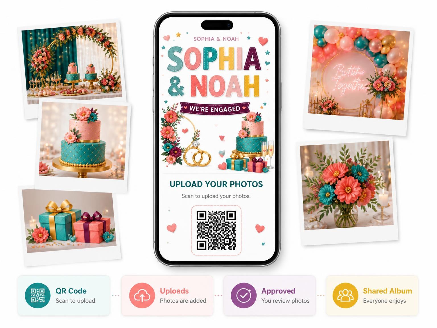 The shared photo gallery that comes with the Ribbon Banner Engagement Party Invitation invitation
