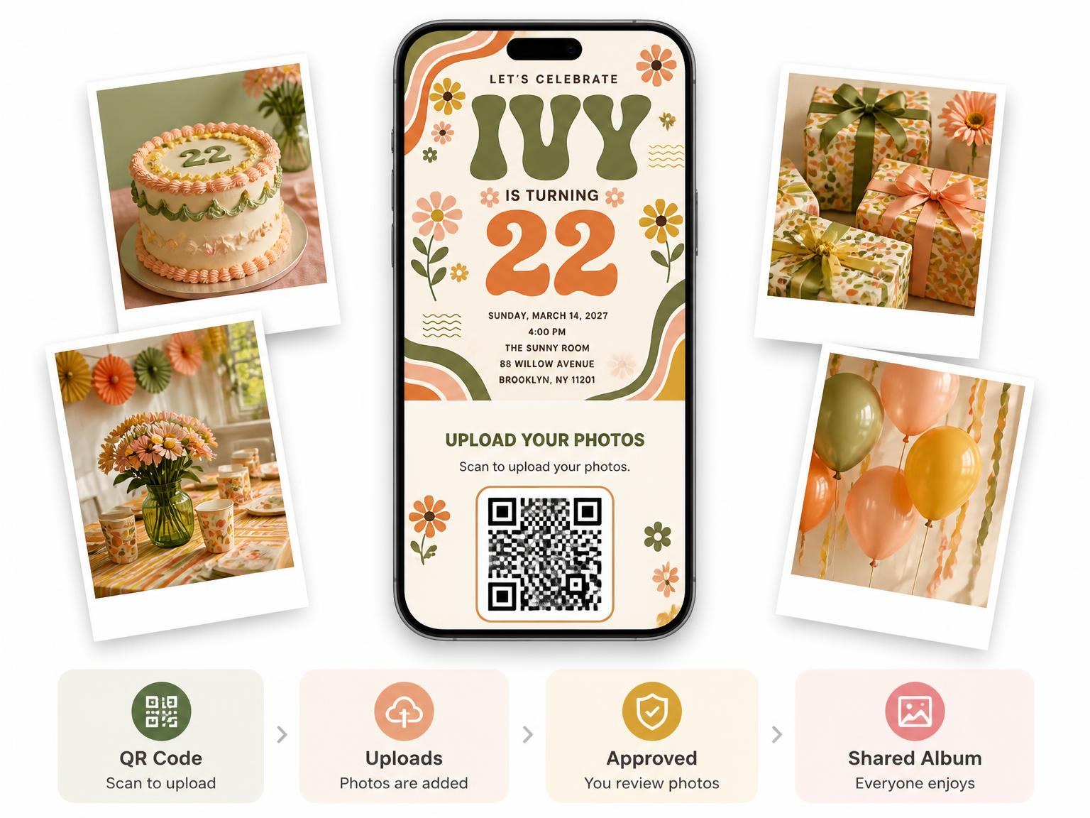 The shared photo gallery that comes with the Groovy Retro 22nd Birthday Invitation invitation