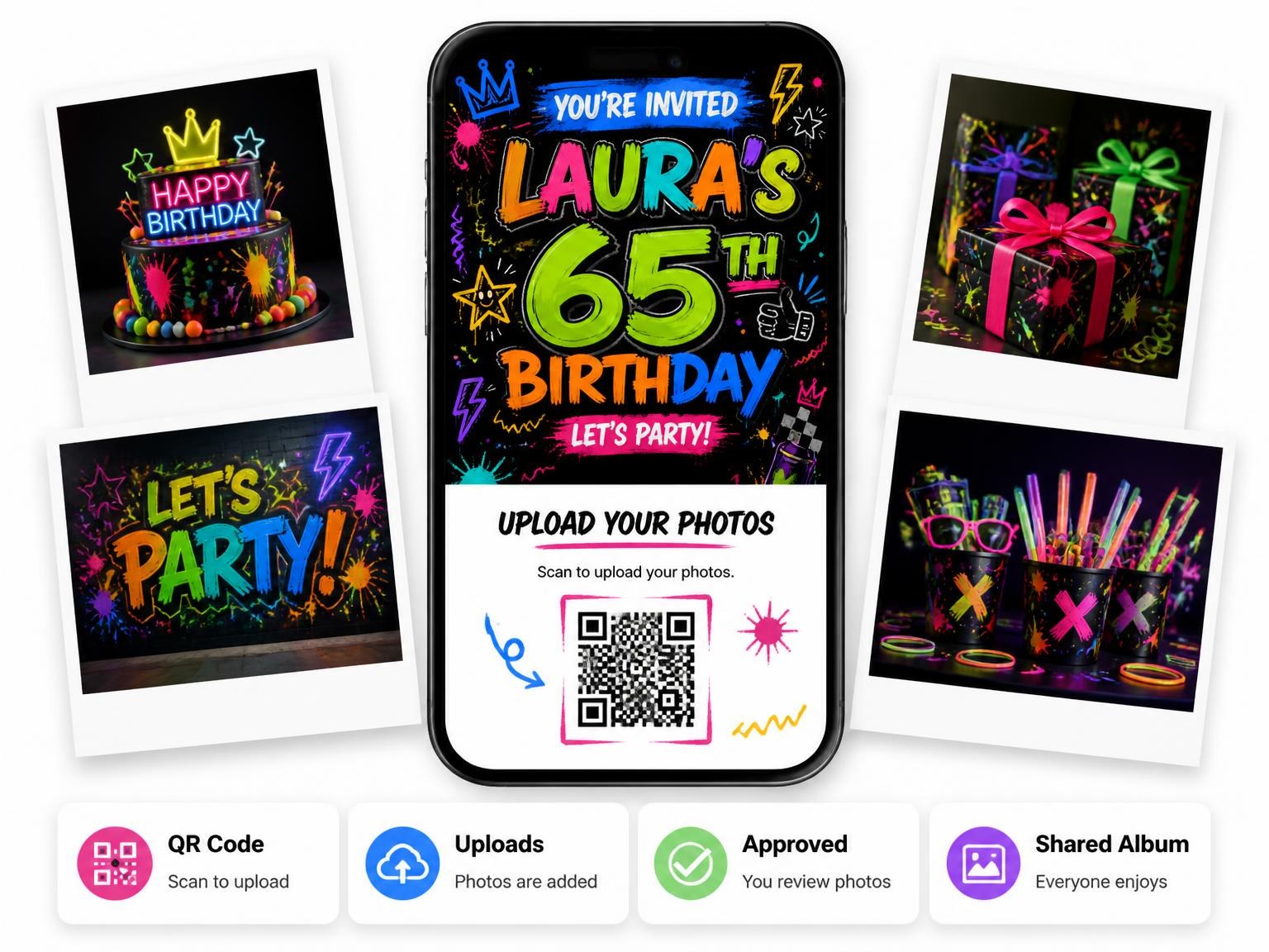 The shared photo gallery that comes with the Graffiti Street Art 65th Birthday Invitation invitation