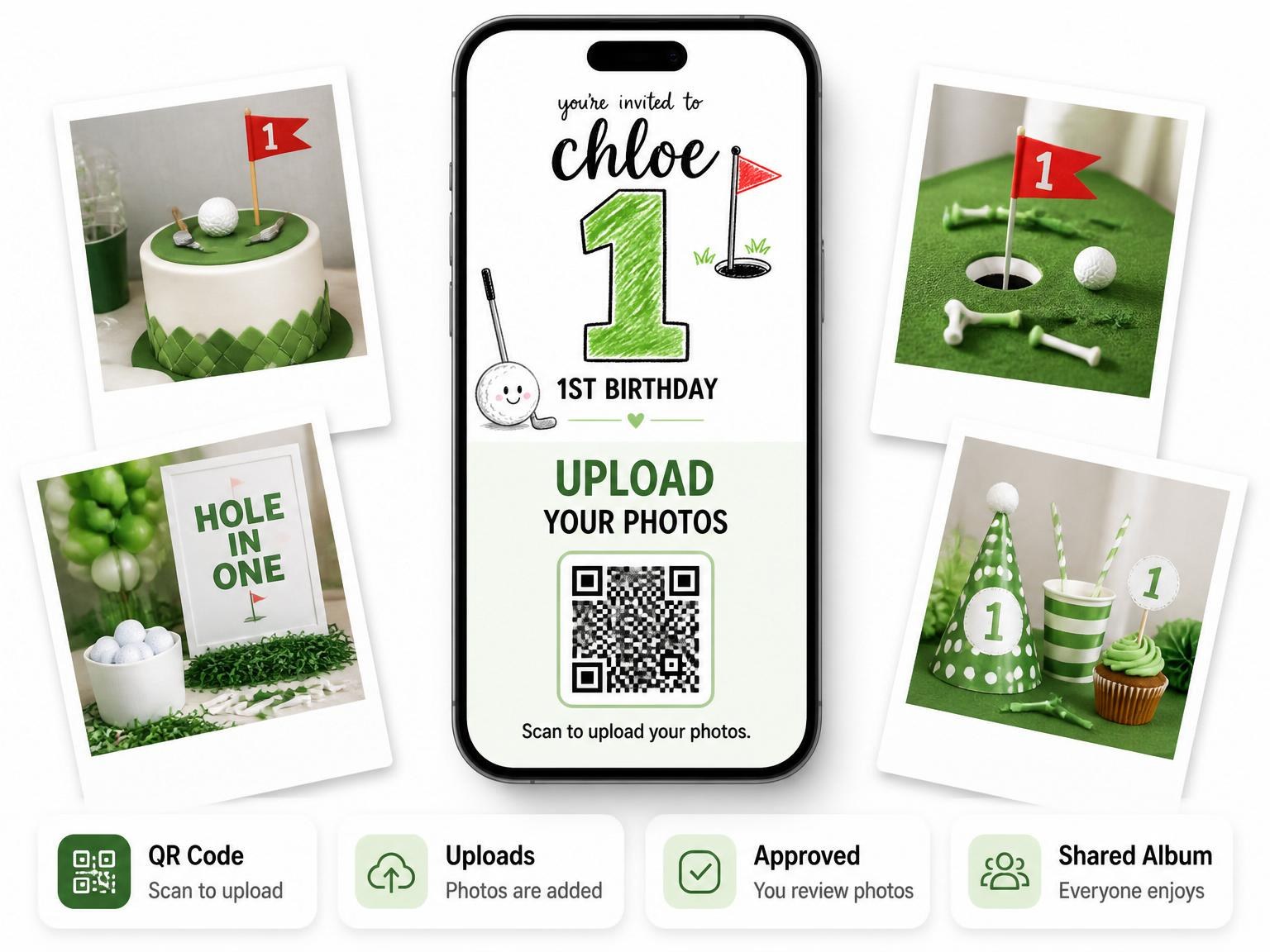 The shared photo gallery that comes with the Crayon Style Golf 1st Birthday invitation