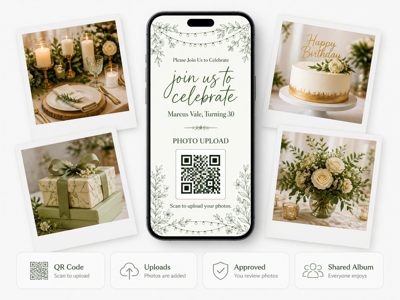 The shared photo gallery that comes with the Green Line Art Botanical 30th Birthday invitation