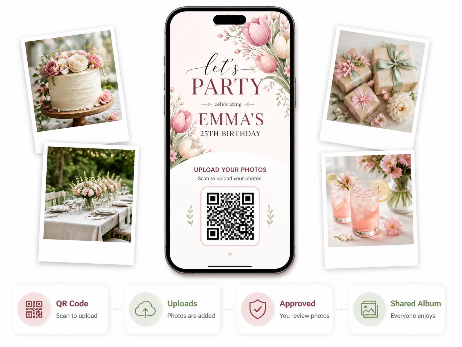 The shared photo gallery that comes with the Tulip Bouquet Blush 25th Birthday Invitation invitation