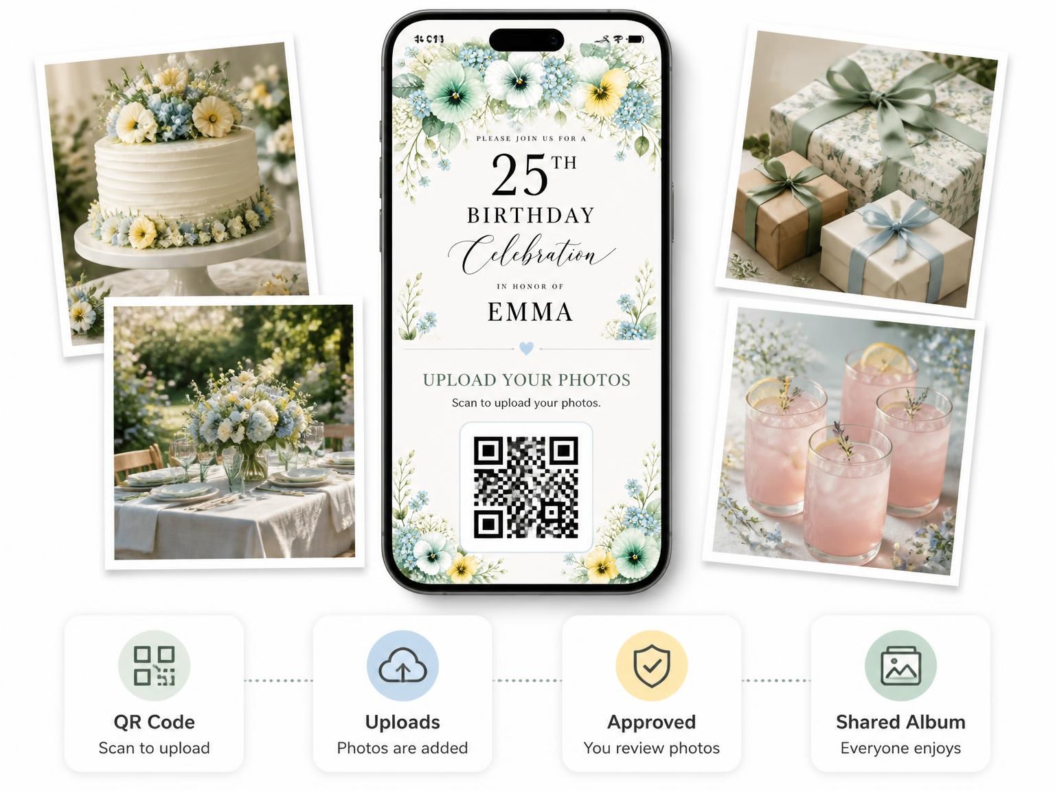 The shared photo gallery that comes with the Mint Pansy Botanical 25th Birthday Invitation invitation