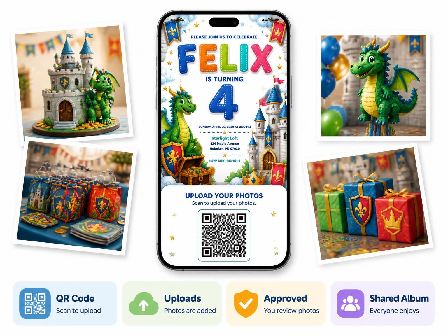 The shared photo gallery that comes with the Stitched Dragon Castle 4th Birthday Invitation invitation