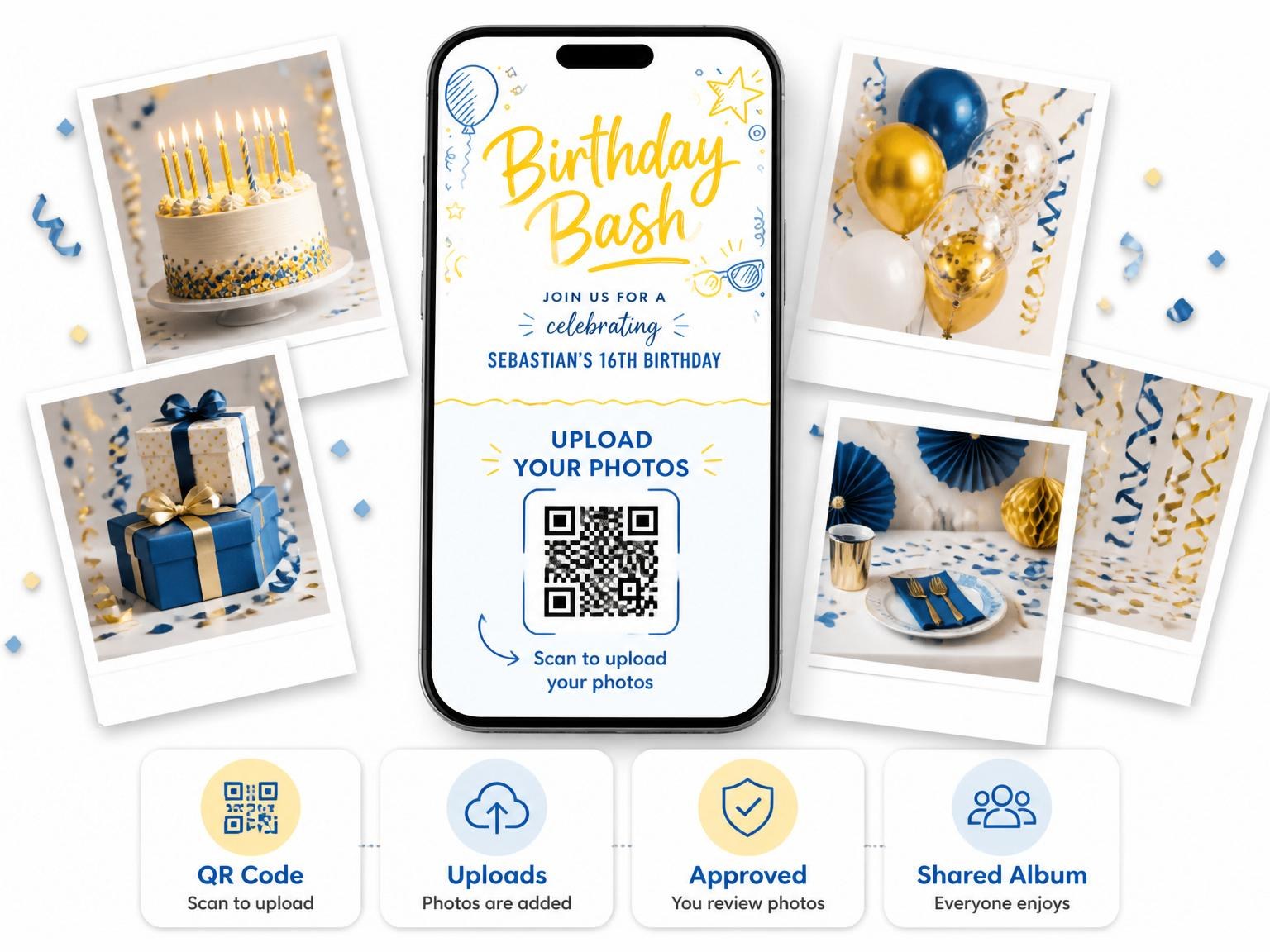 The shared photo gallery that comes with the Navy and Mustard Doodle 16th Birthday invitation