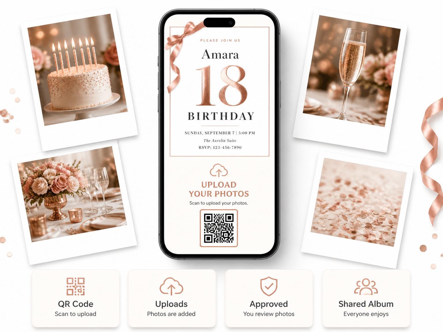 The shared photo gallery that comes with the Rose Gold Ribbon 18th Birthday invitation