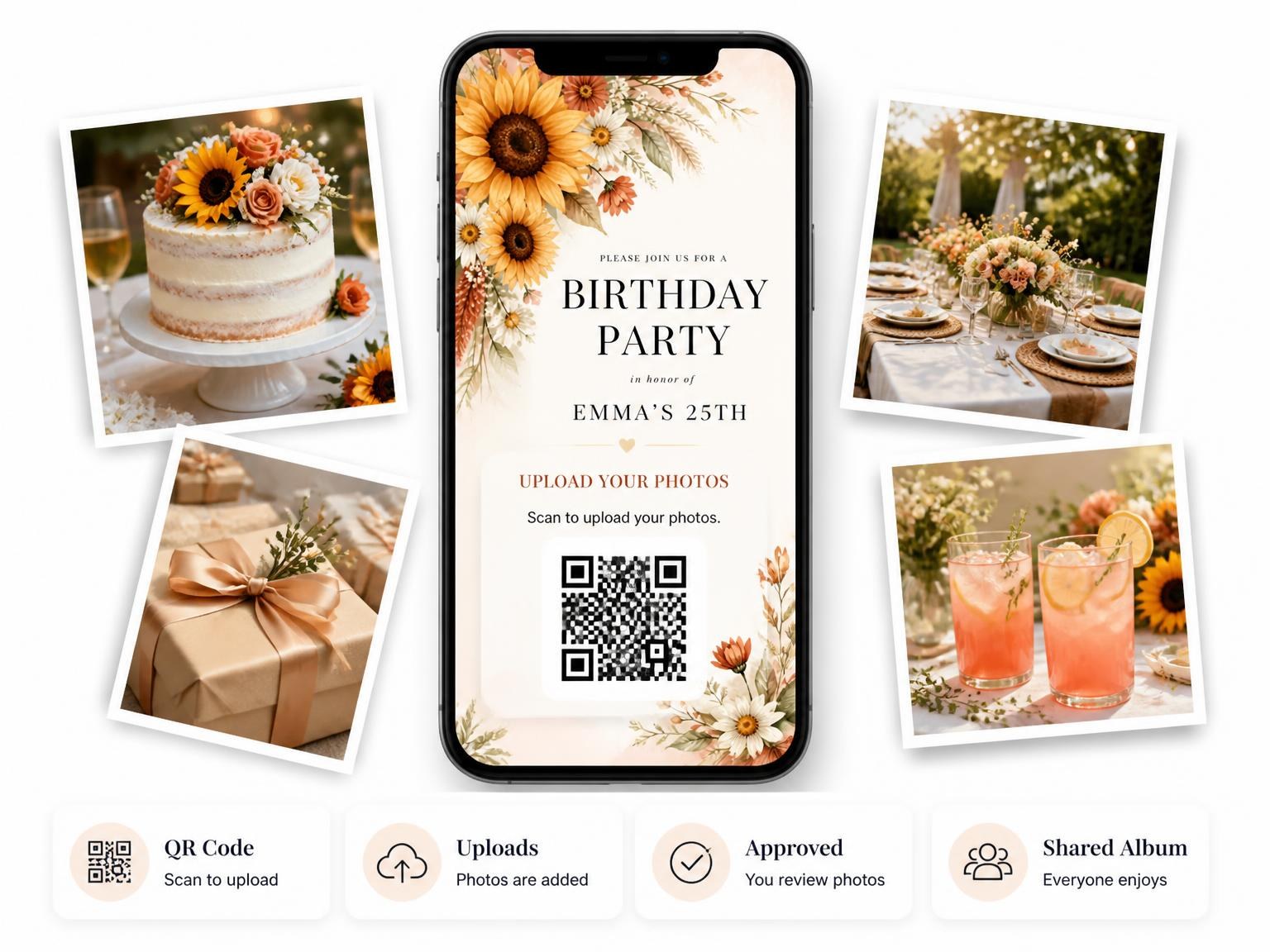 The shared photo gallery that comes with the Wildflower Bouquet 25th Birthday Invitation invitation