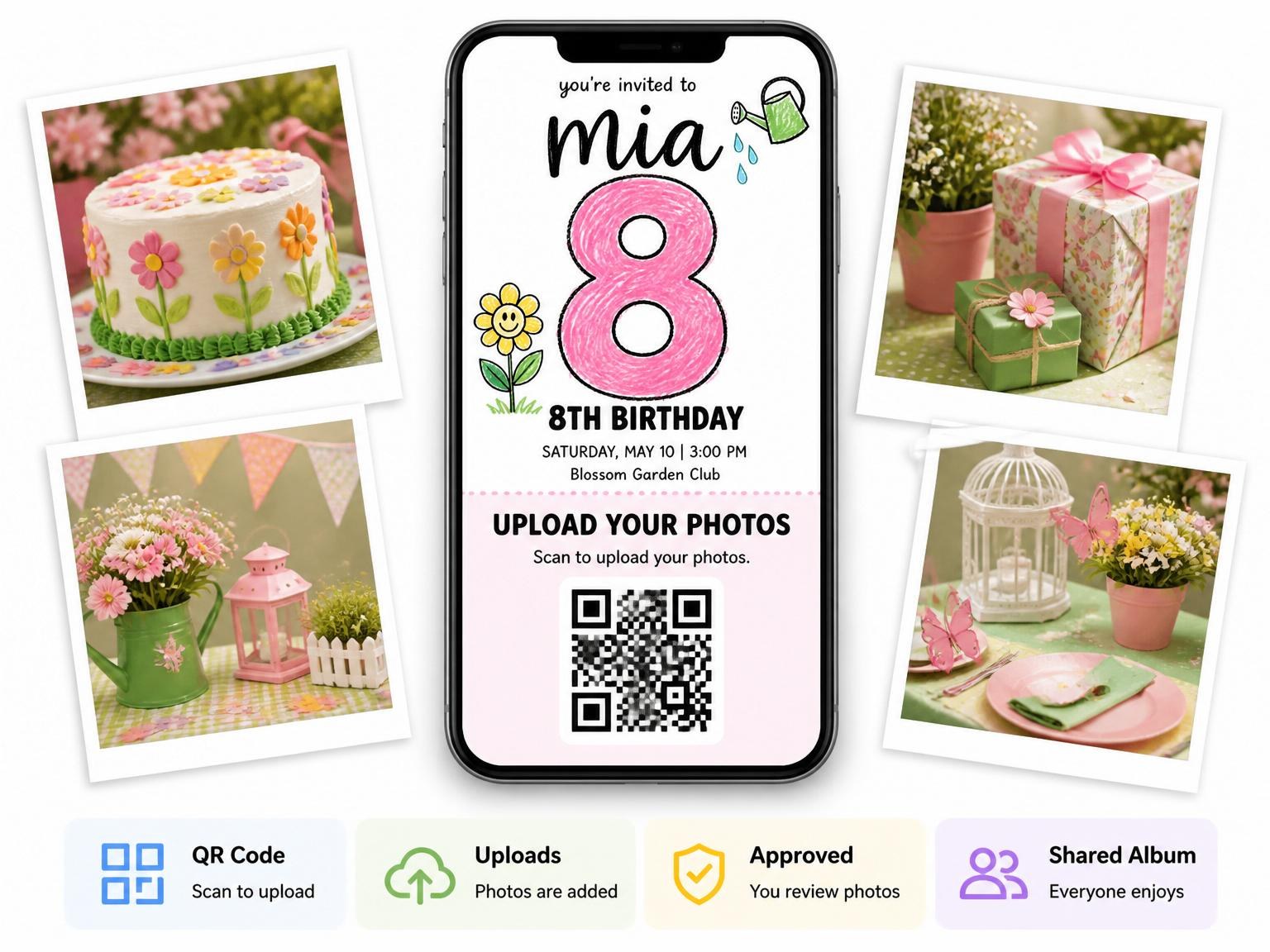 The shared photo gallery that comes with the Crayon Garden Motif 8th Birthday invitation
