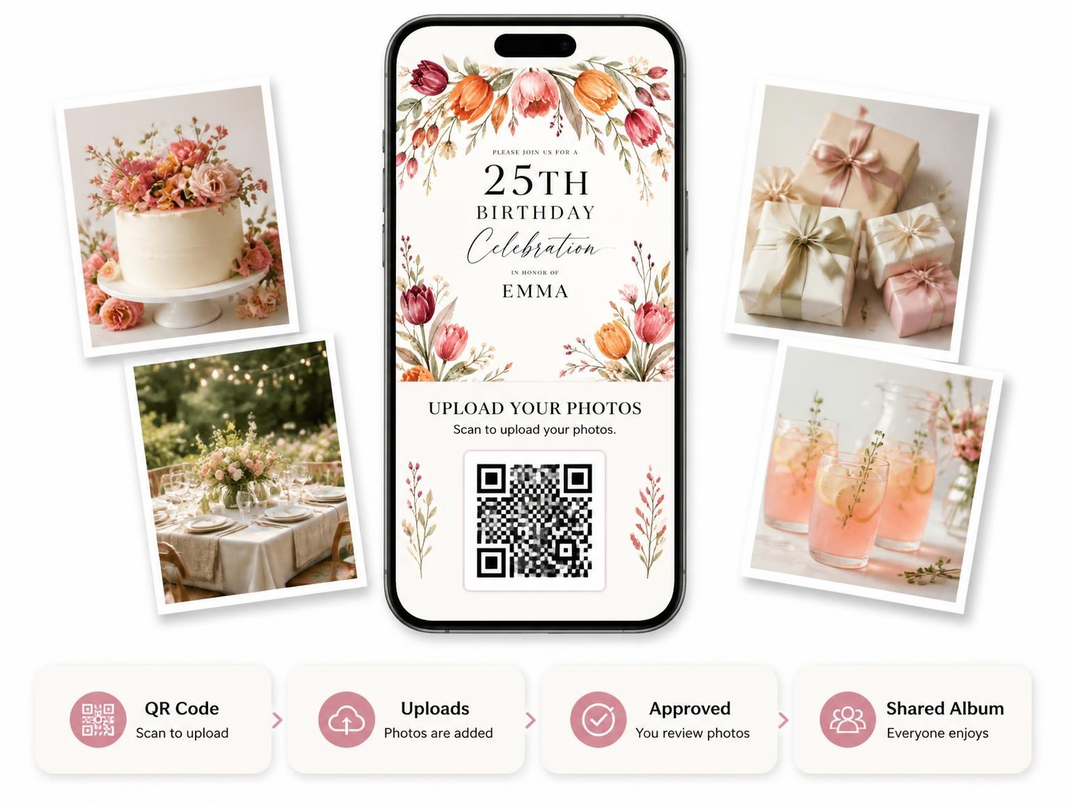 The shared photo gallery that comes with the Tulip Botanical Autumn 25th Birthday Invitation invitation