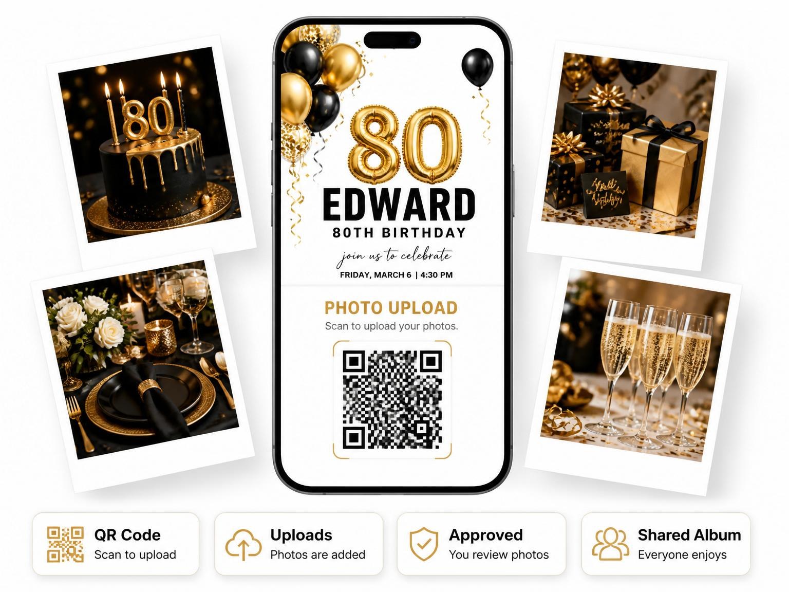 The shared photo gallery that comes with the Gold Black Balloon 80th Birthday invitation