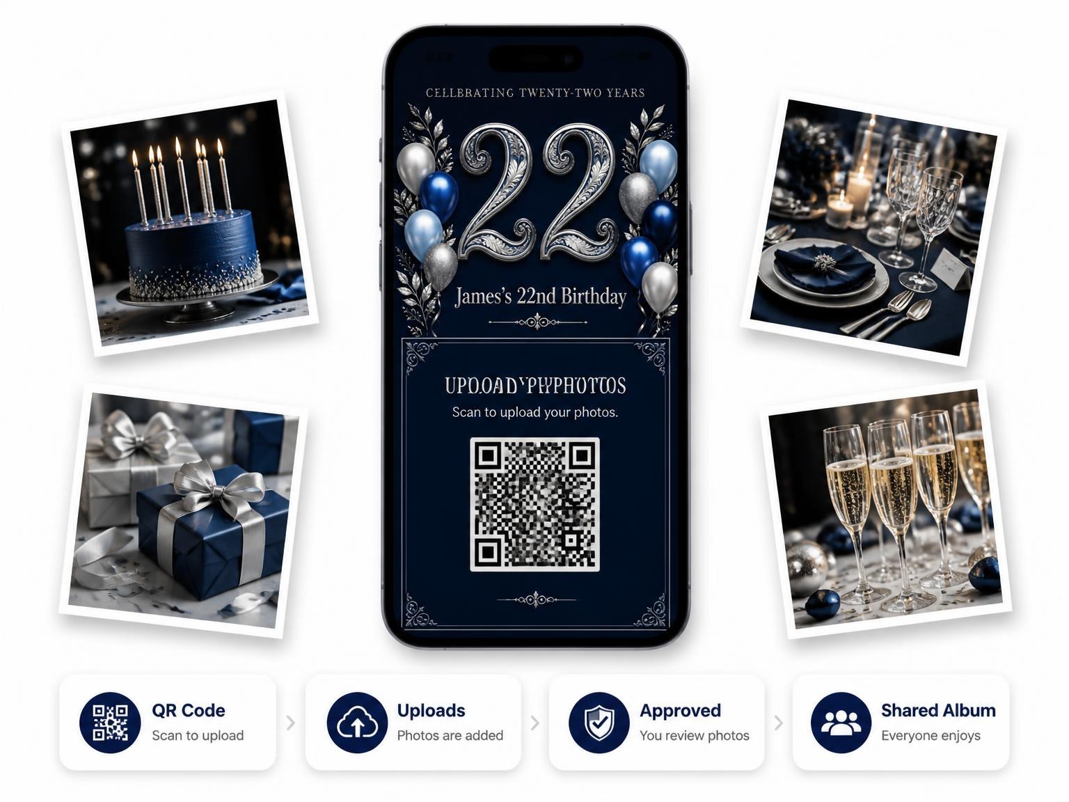 The shared photo gallery that comes with the Navy and Silver 22nd Birthday Invitation invitation