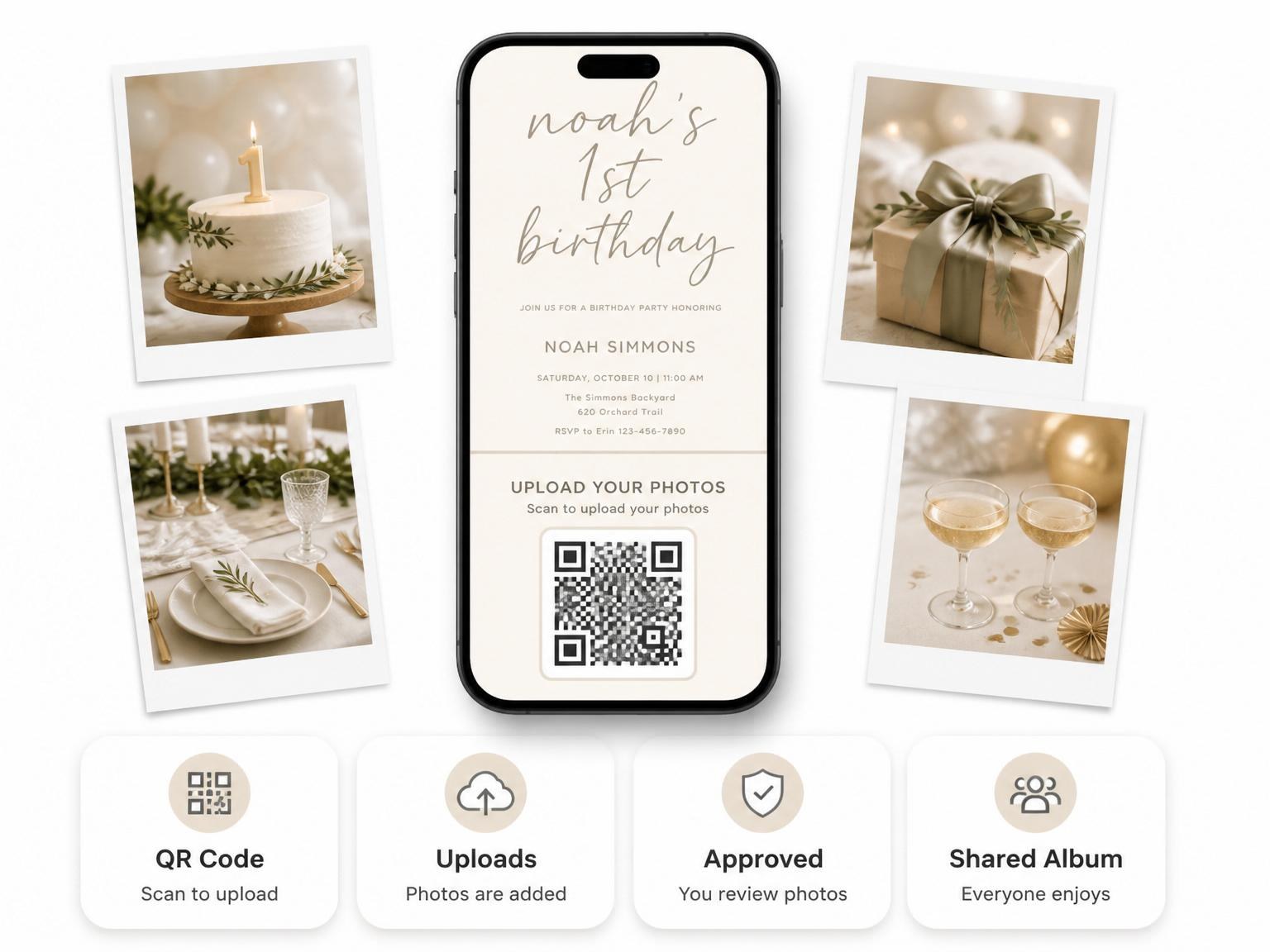 The shared photo gallery that comes with the Taupe Script Minimalist 1st Birthday invitation