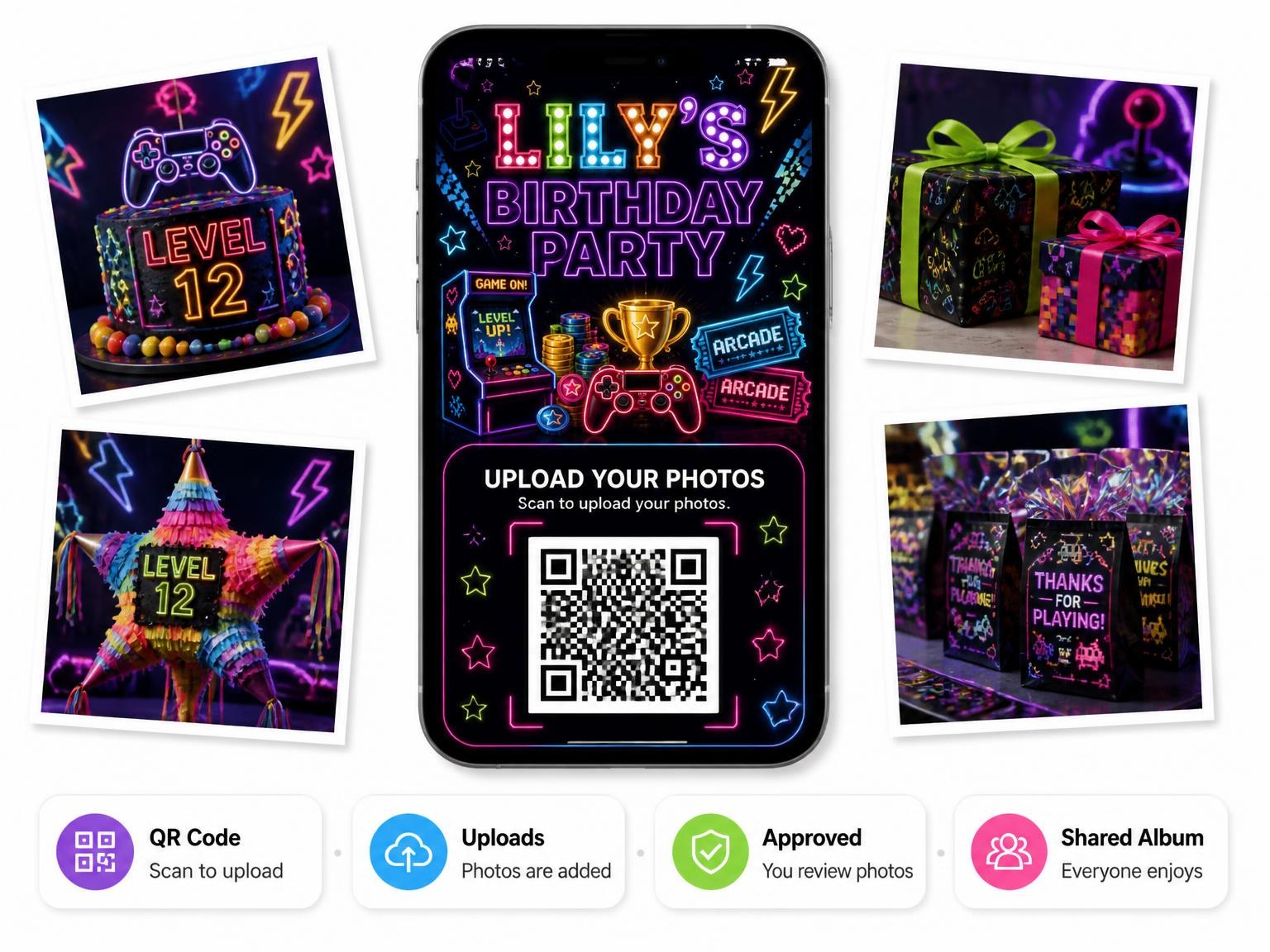 The shared photo gallery that comes with the Neon Arcade 12th Birthday Invitation invitation