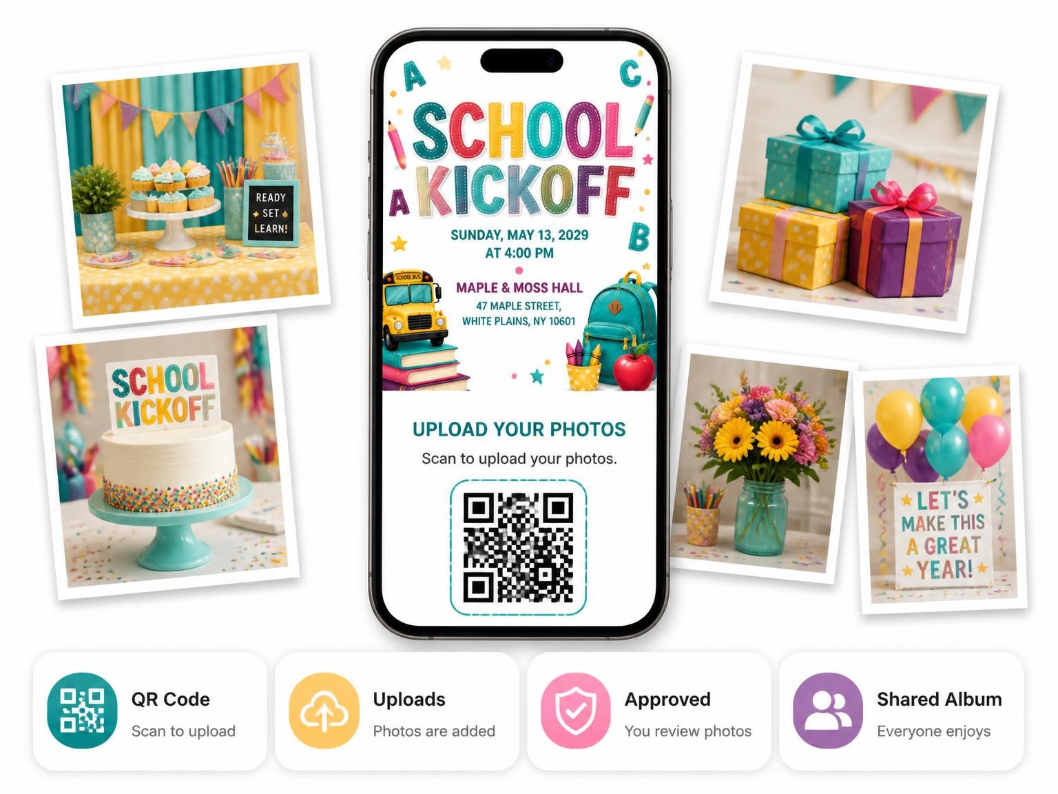 The shared photo gallery that comes with the Yellow School Bus Kickoff Invitation invitation