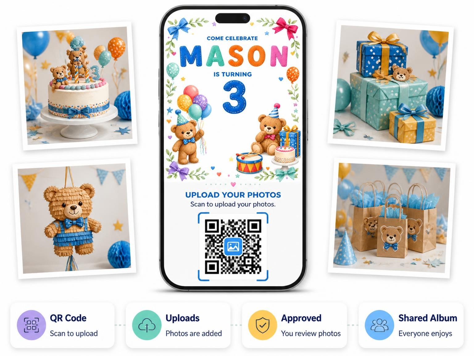 The shared photo gallery that comes with the Stitched Teddy Bear 3rd Birthday Invitation invitation