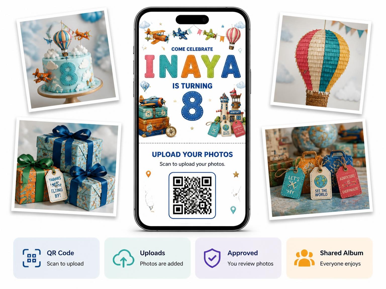 The shared photo gallery that comes with the Stitched Up and Away 8th Birthday Invitation invitation
