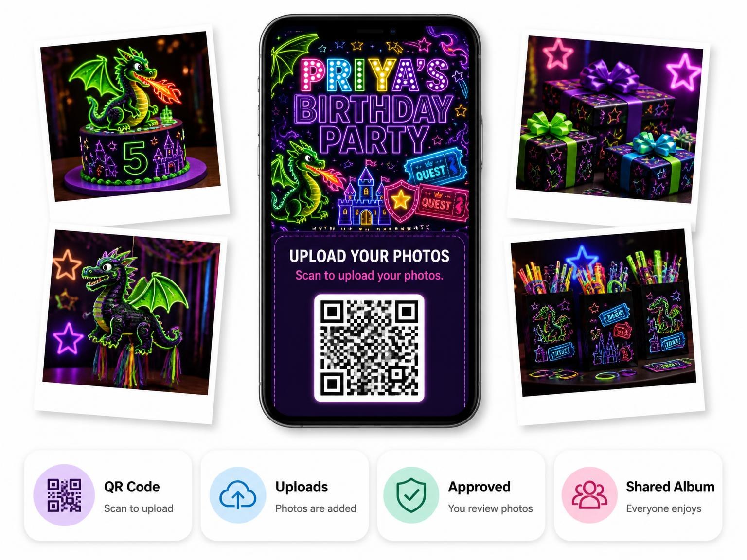The shared photo gallery that comes with the Neon Dragon 5th Birthday Invitation invitation