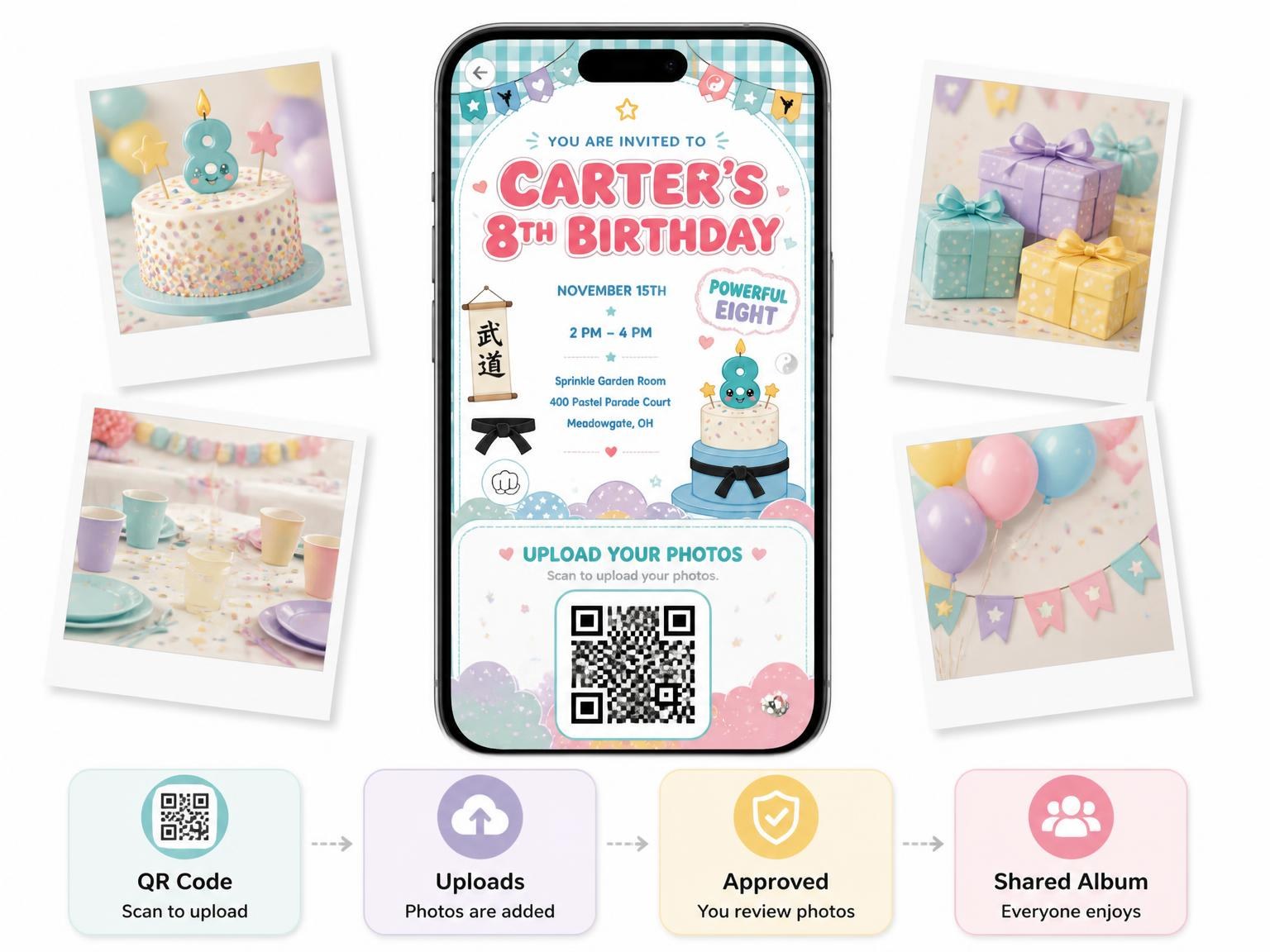 The shared photo gallery that comes with the Karate Kawaii Pastel 8th Birthday Invitation invitation