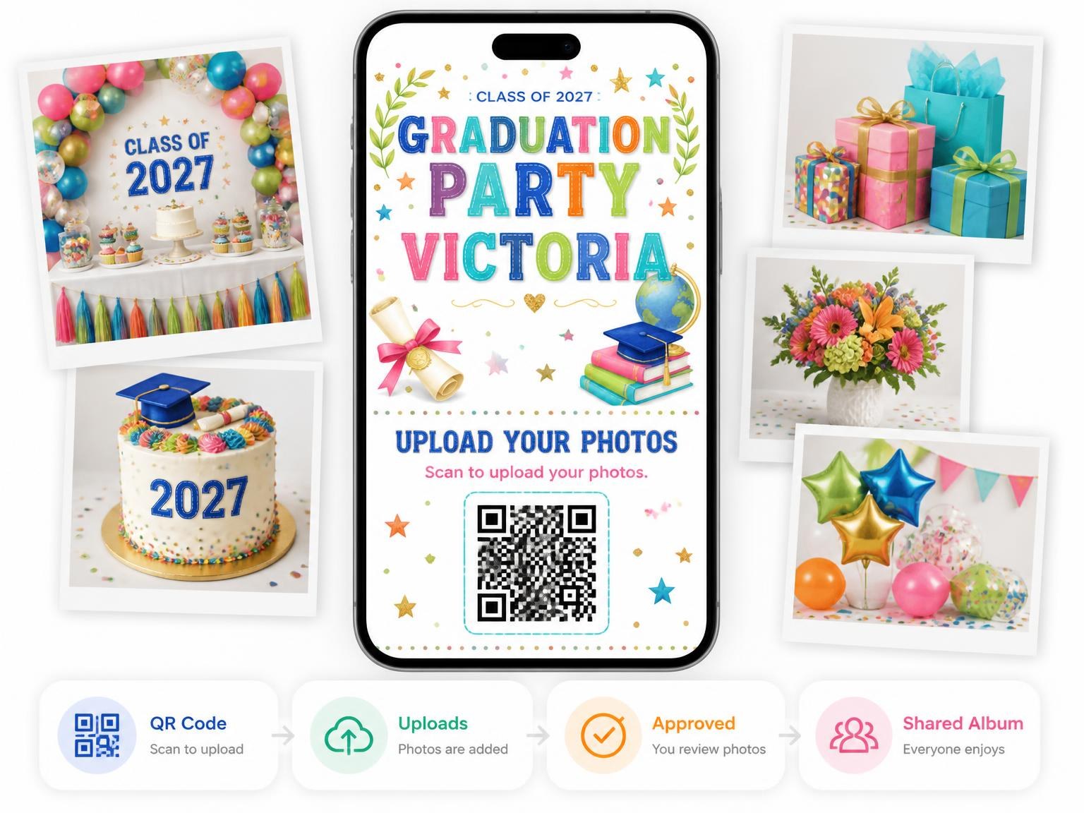 The shared photo gallery that comes with the Diploma Scroll Graduation Party Invitation invitation