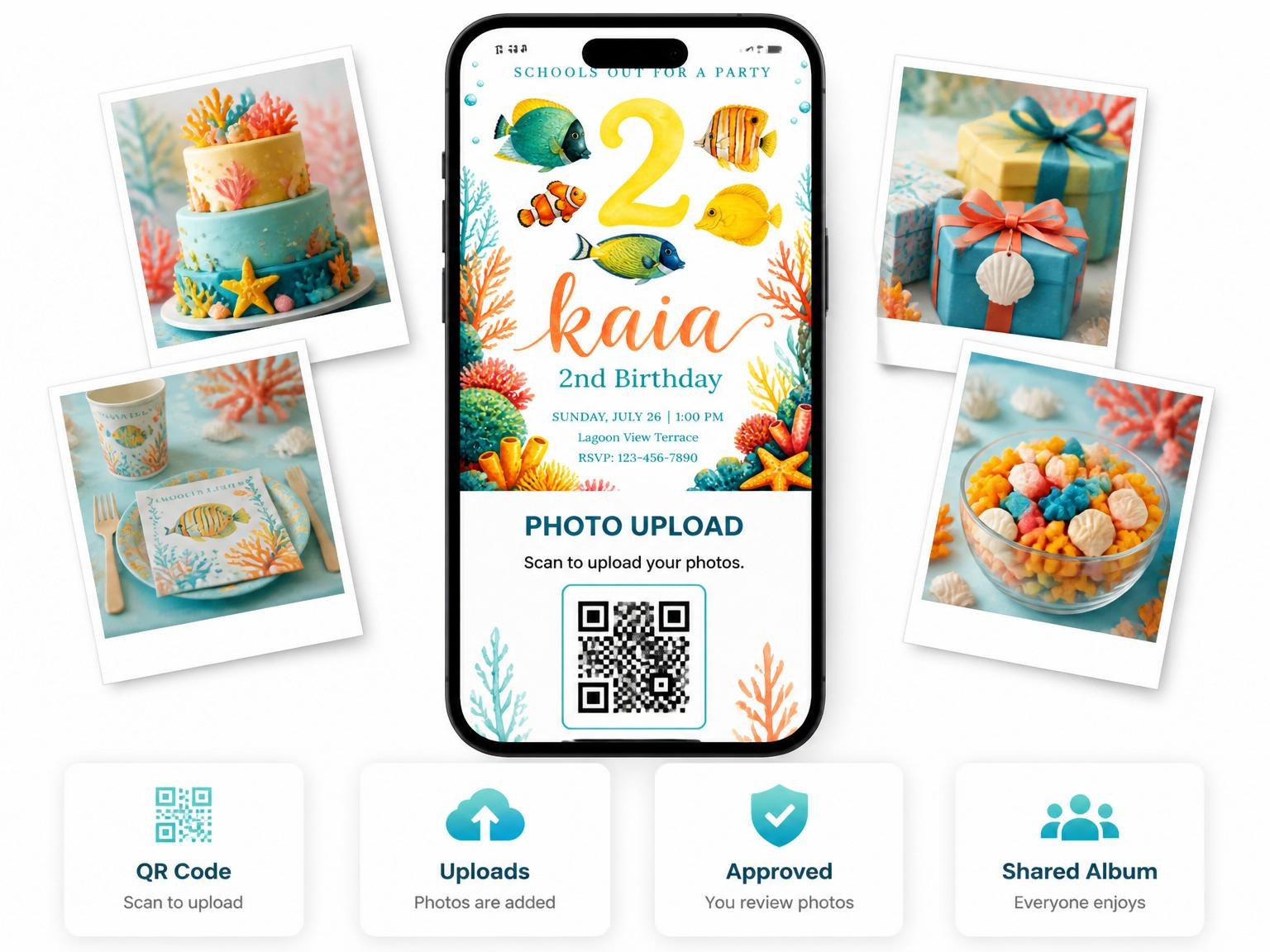 The shared photo gallery that comes with the Watercolor Tropical Fish 2nd Birthday invitation