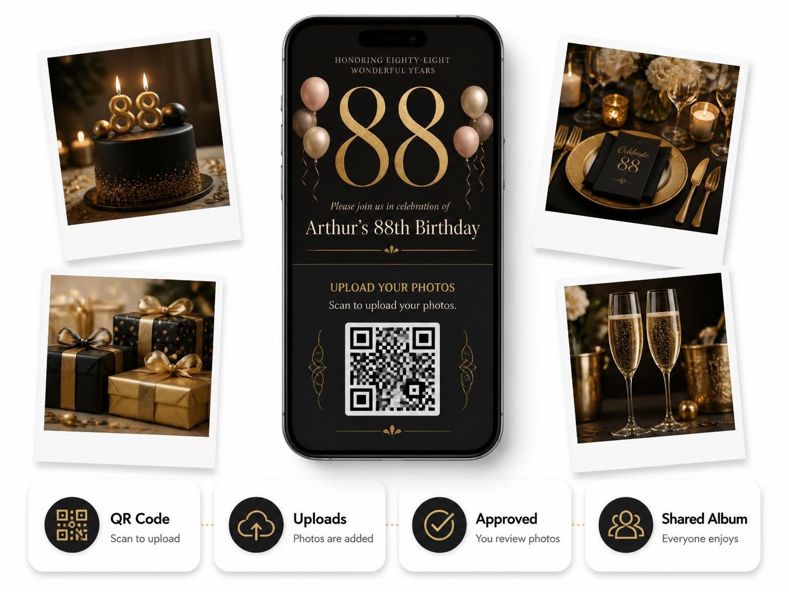 The shared photo gallery that comes with the Charcoal and Blush 88th Birthday Invitation invitation