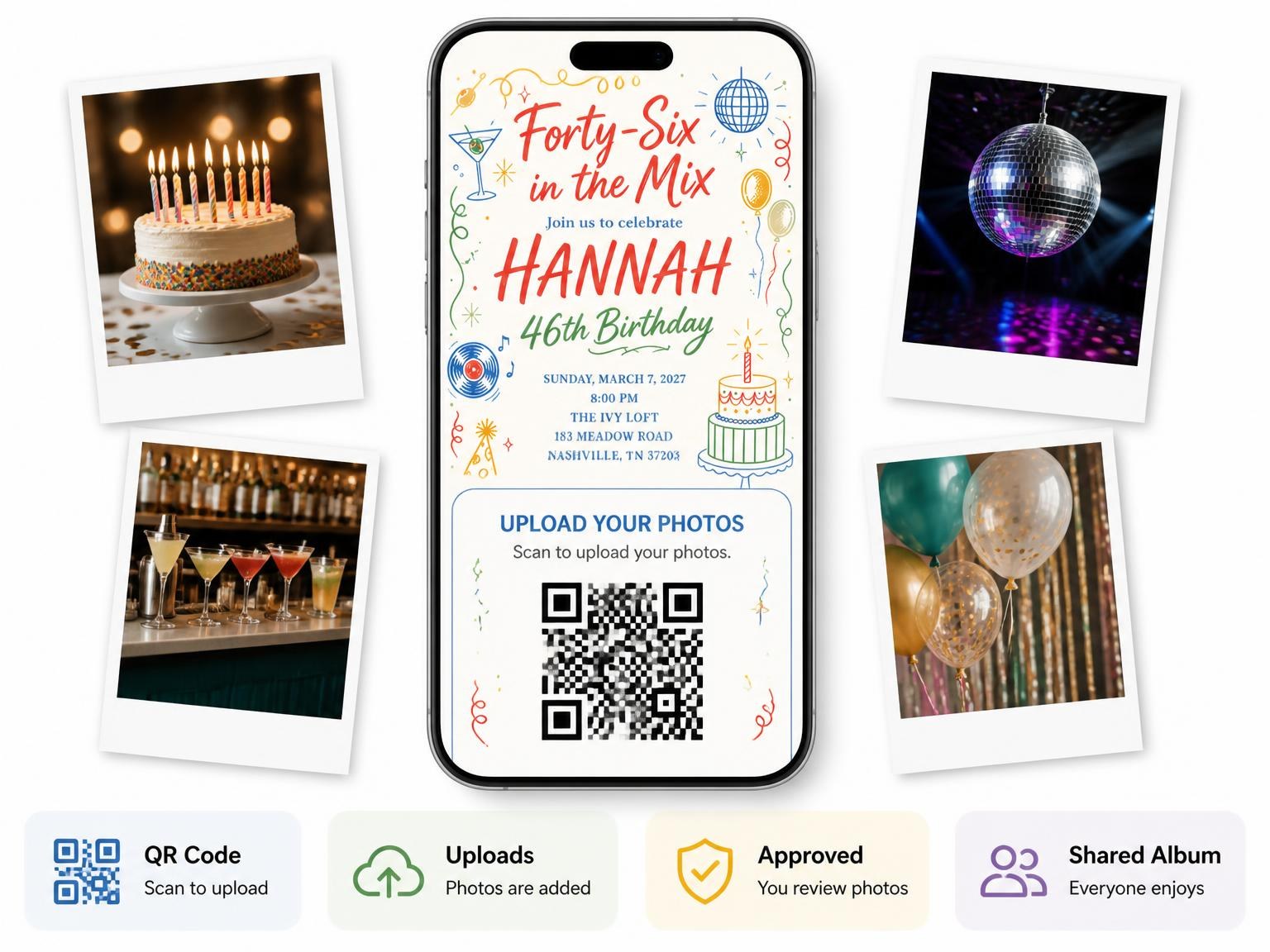 The shared photo gallery that comes with the Retro Doodle 46th Birthday Invitation invitation