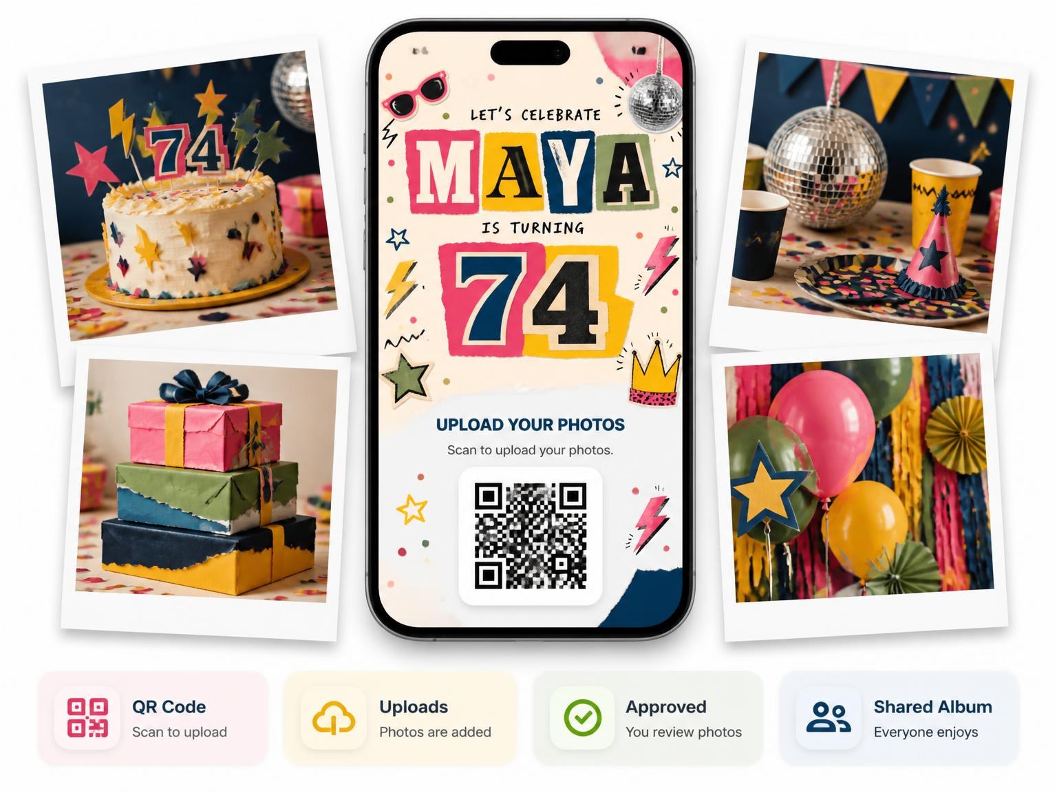 The shared photo gallery that comes with the Retro Paper Collage 74th Birthday Invitation invitation
