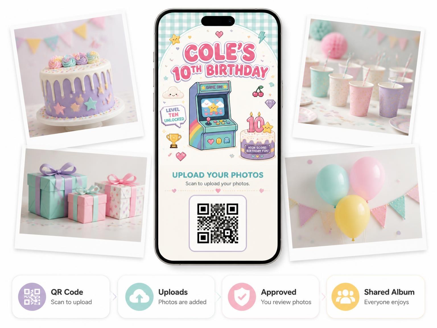 The shared photo gallery that comes with the Kawaii Arcade 10th Birthday Invitation invitation