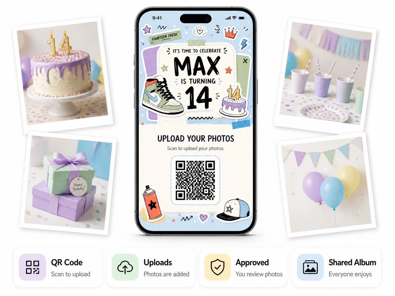 The shared photo gallery that comes with the Sneaker Pastel 14th Birthday Invitation invitation