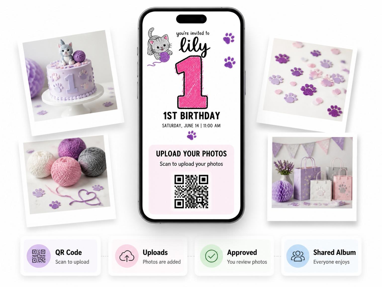 The shared photo gallery that comes with the Sketch Kitten Pink Numeral 1st Birthday invitation