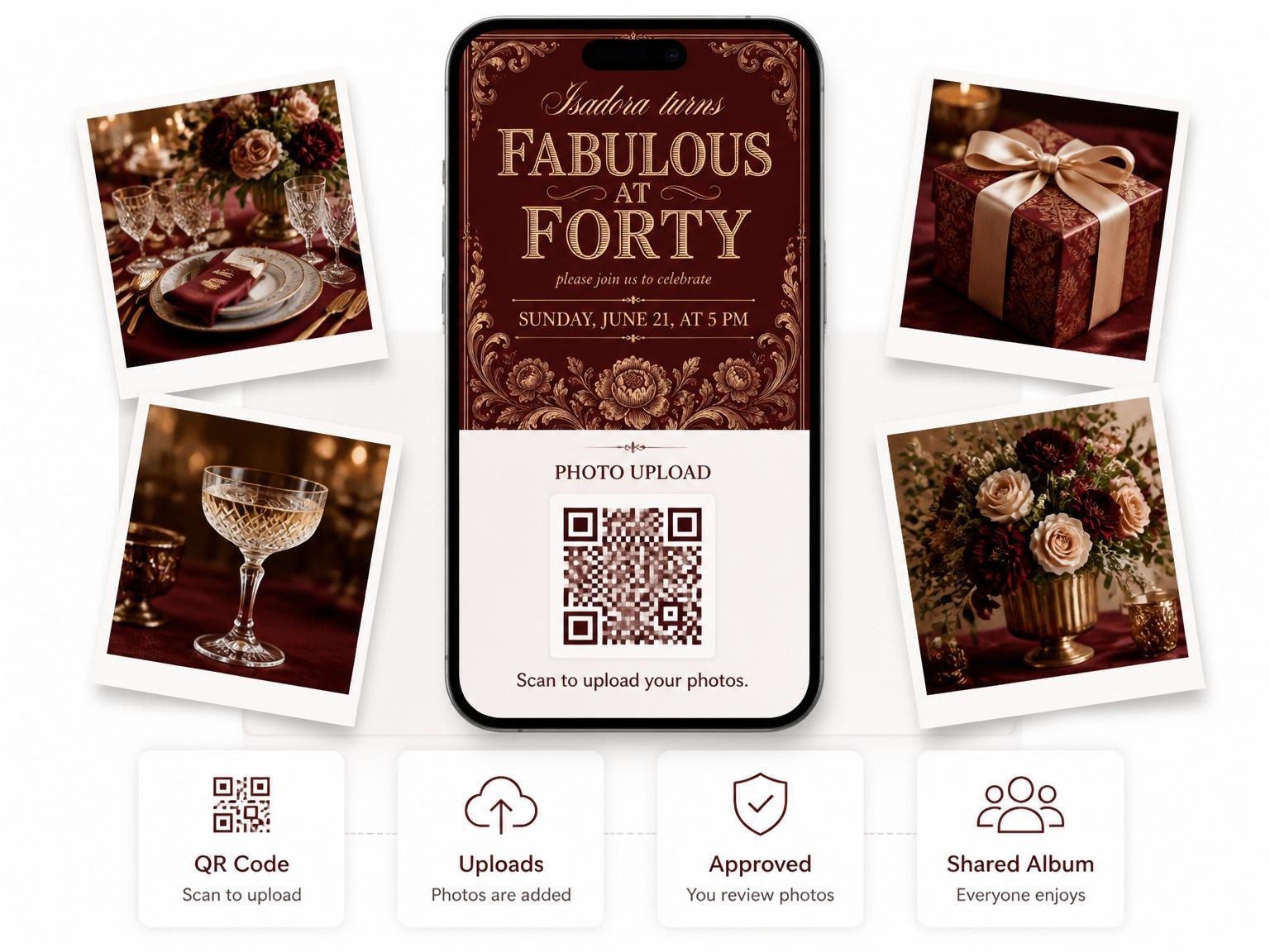 The shared photo gallery that comes with the Burgundy Copper Floral 40th Birthday Invitation invitation