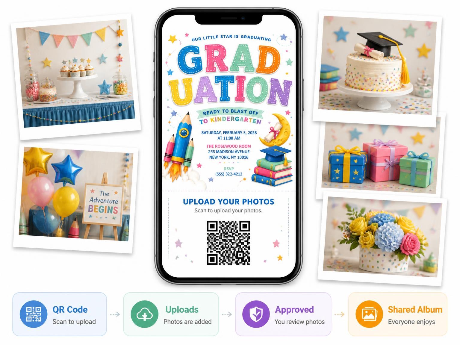 The shared photo gallery that comes with the Rocket Ship Kindergarten Graduation Invitation invitation