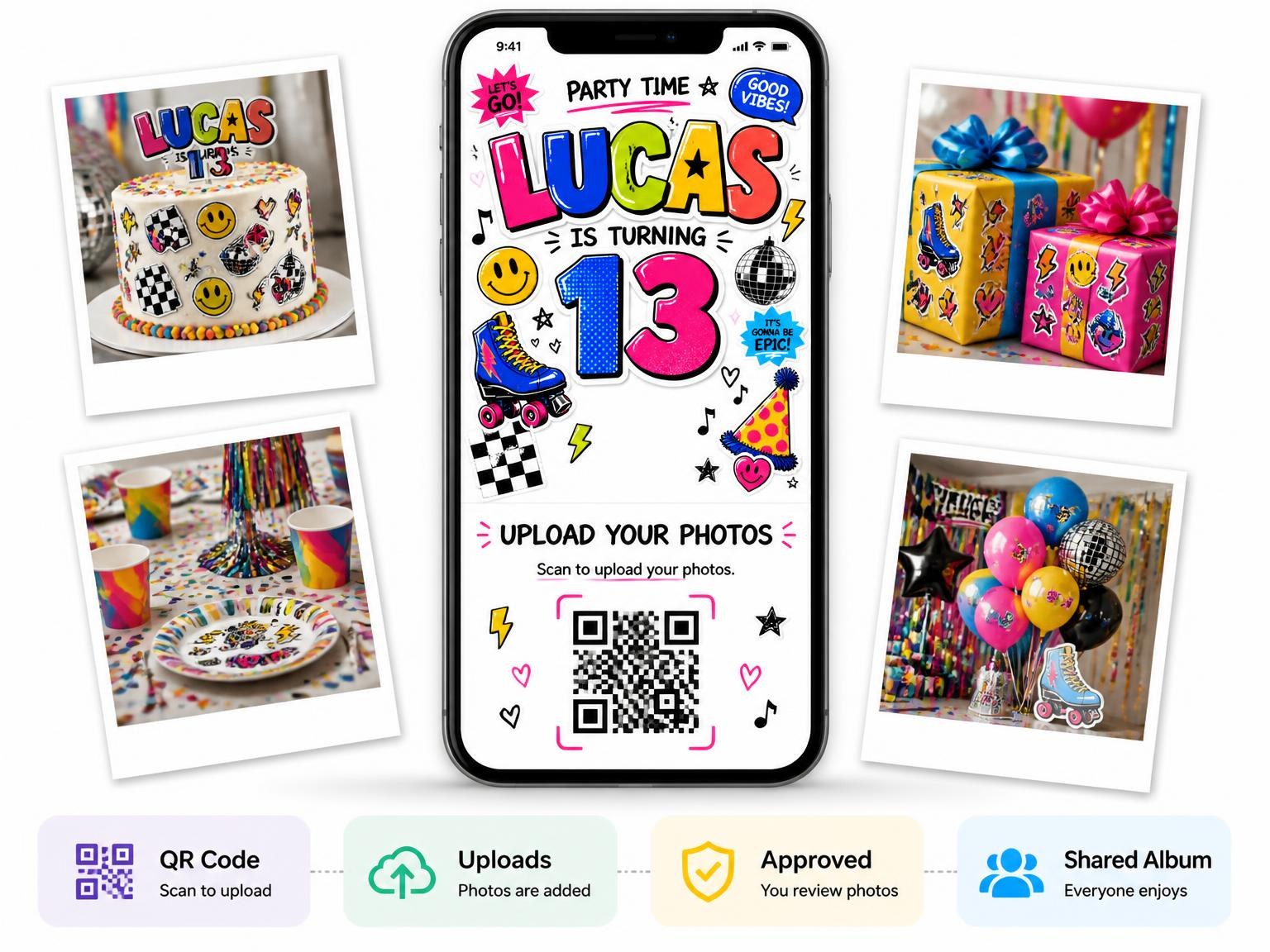 The shared photo gallery that comes with the Sticker Pop 13th Birthday Invitation invitation