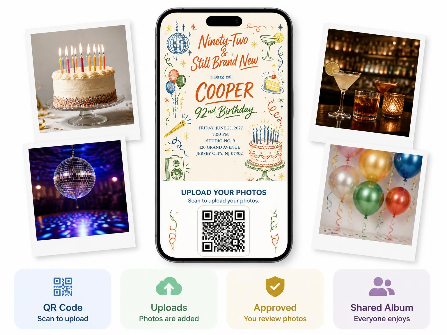 The shared photo gallery that comes with the Retro Doodle 92nd Birthday Invitation invitation