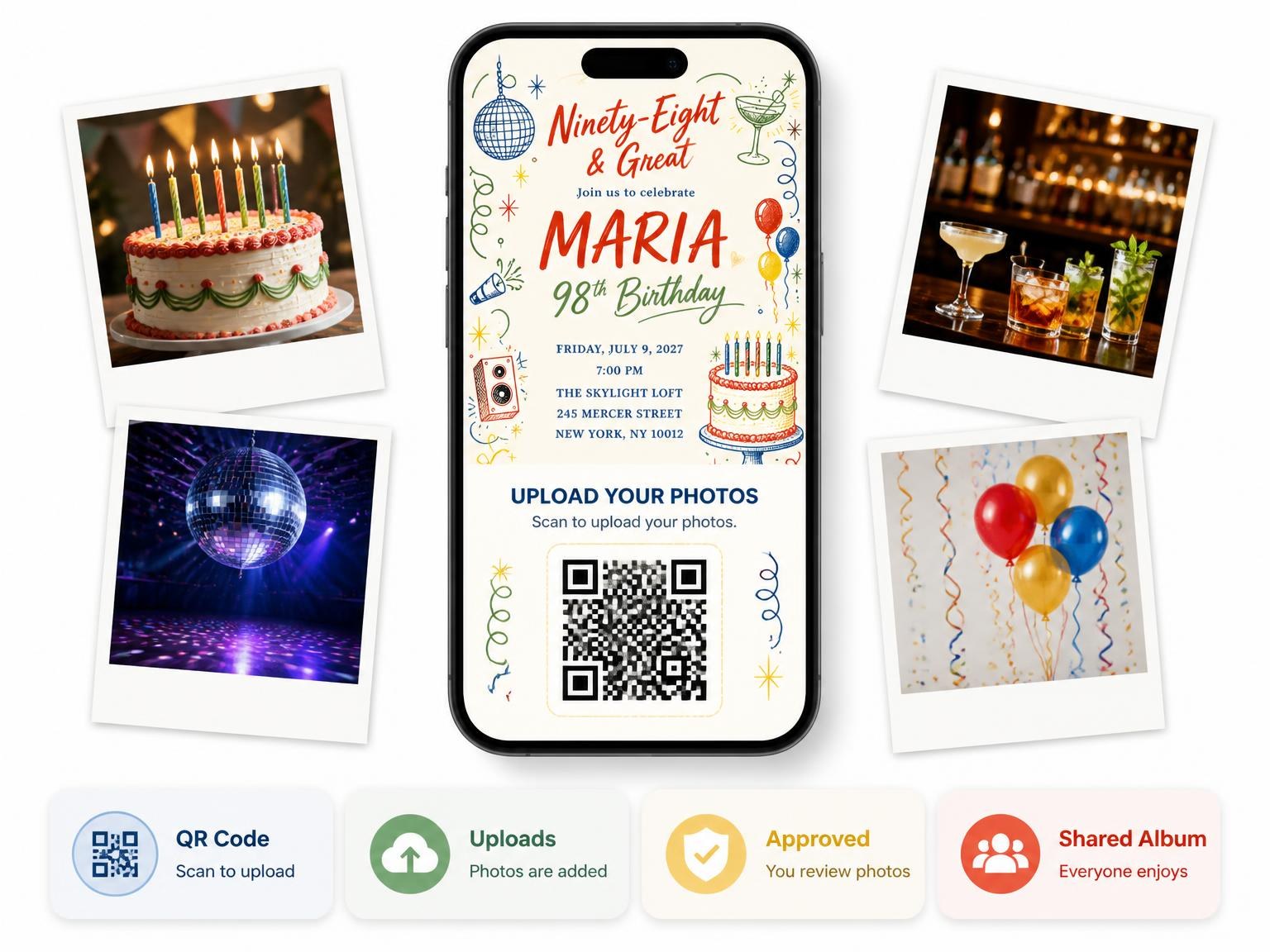 The shared photo gallery that comes with the Retro Doodle 98th Birthday Invitation invitation