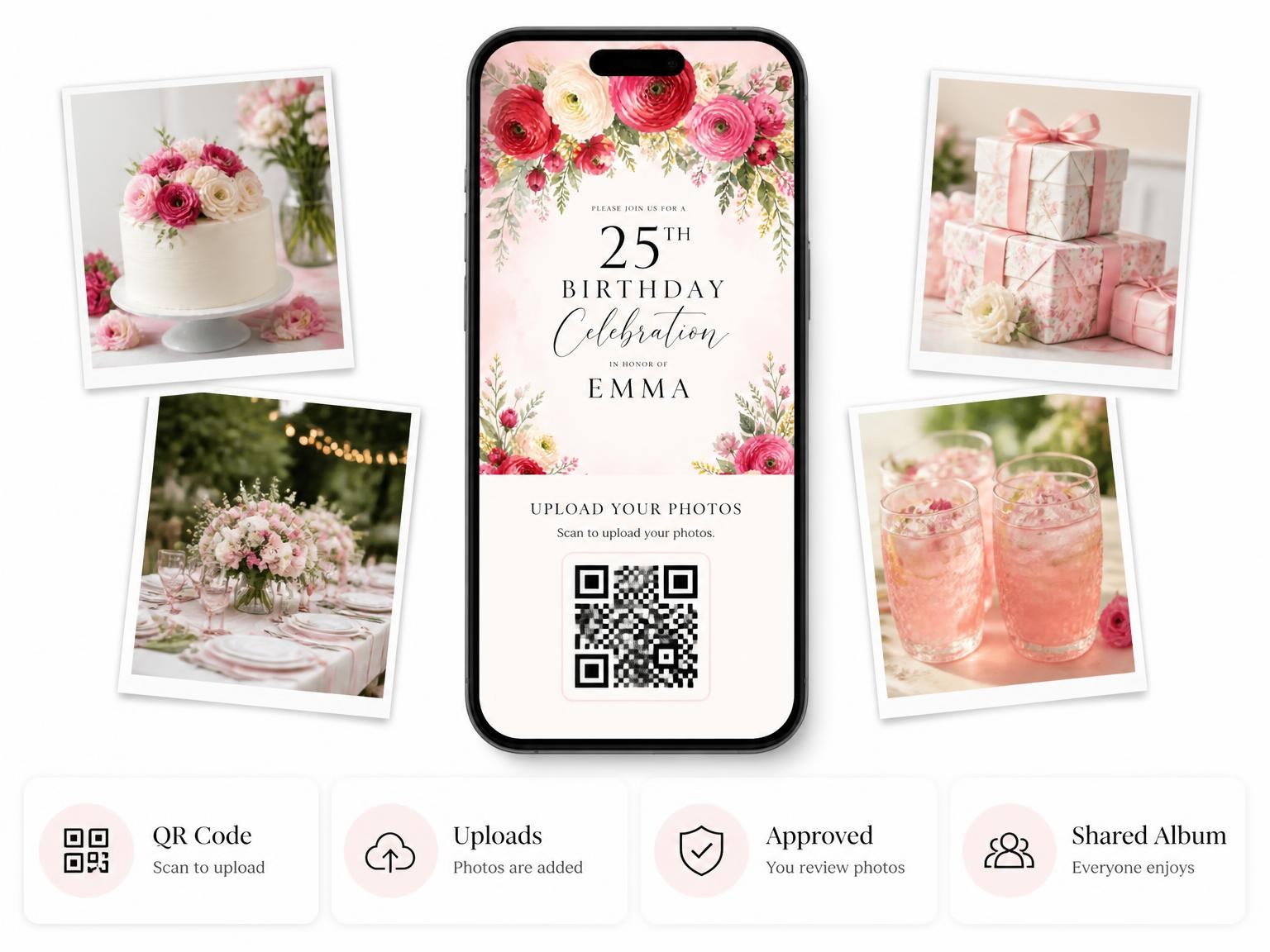 The shared photo gallery that comes with the Rose Blooms Scarlet 25th Birthday Invitation invitation
