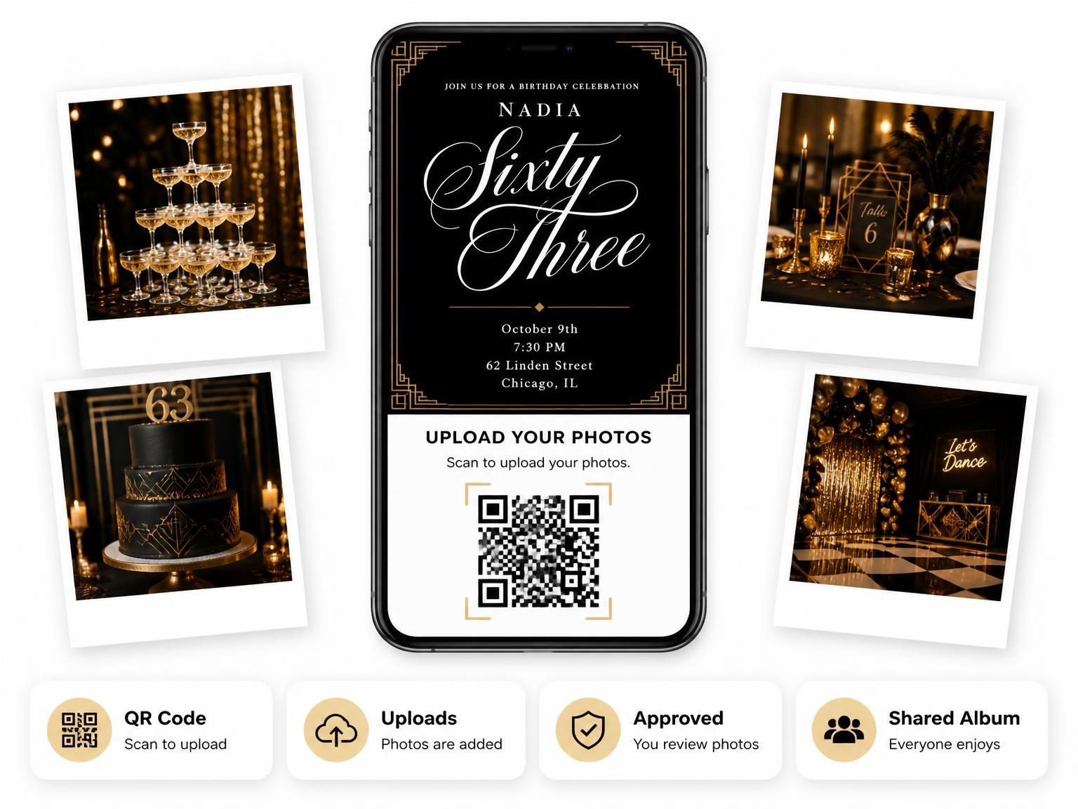 The shared photo gallery that comes with the Art Deco 63rd Birthday Invitation invitation