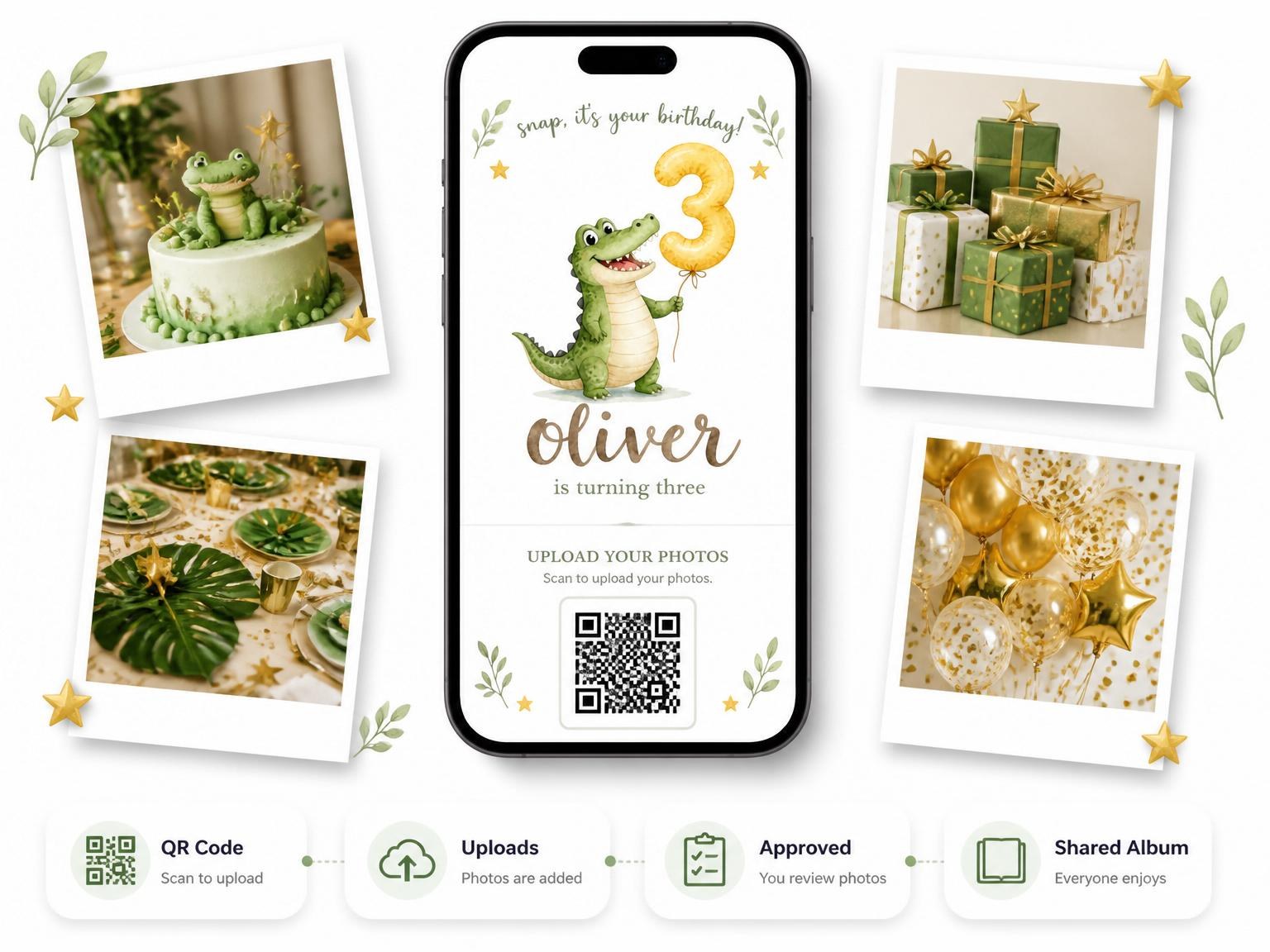 The shared photo gallery that comes with the Watercolor Crocodile Balloon 3rd Birthday invitation