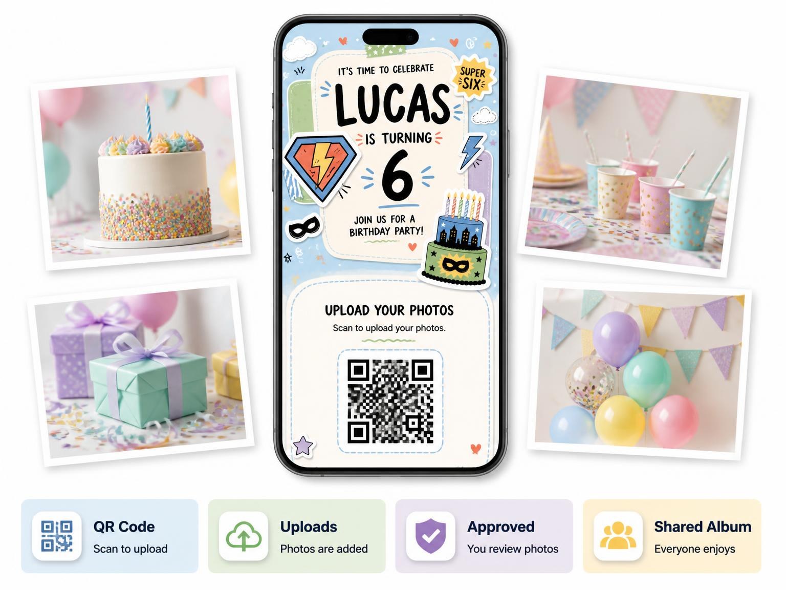 The shared photo gallery that comes with the Superhero Emblem Pastel 6th Birthday Invitation invitation