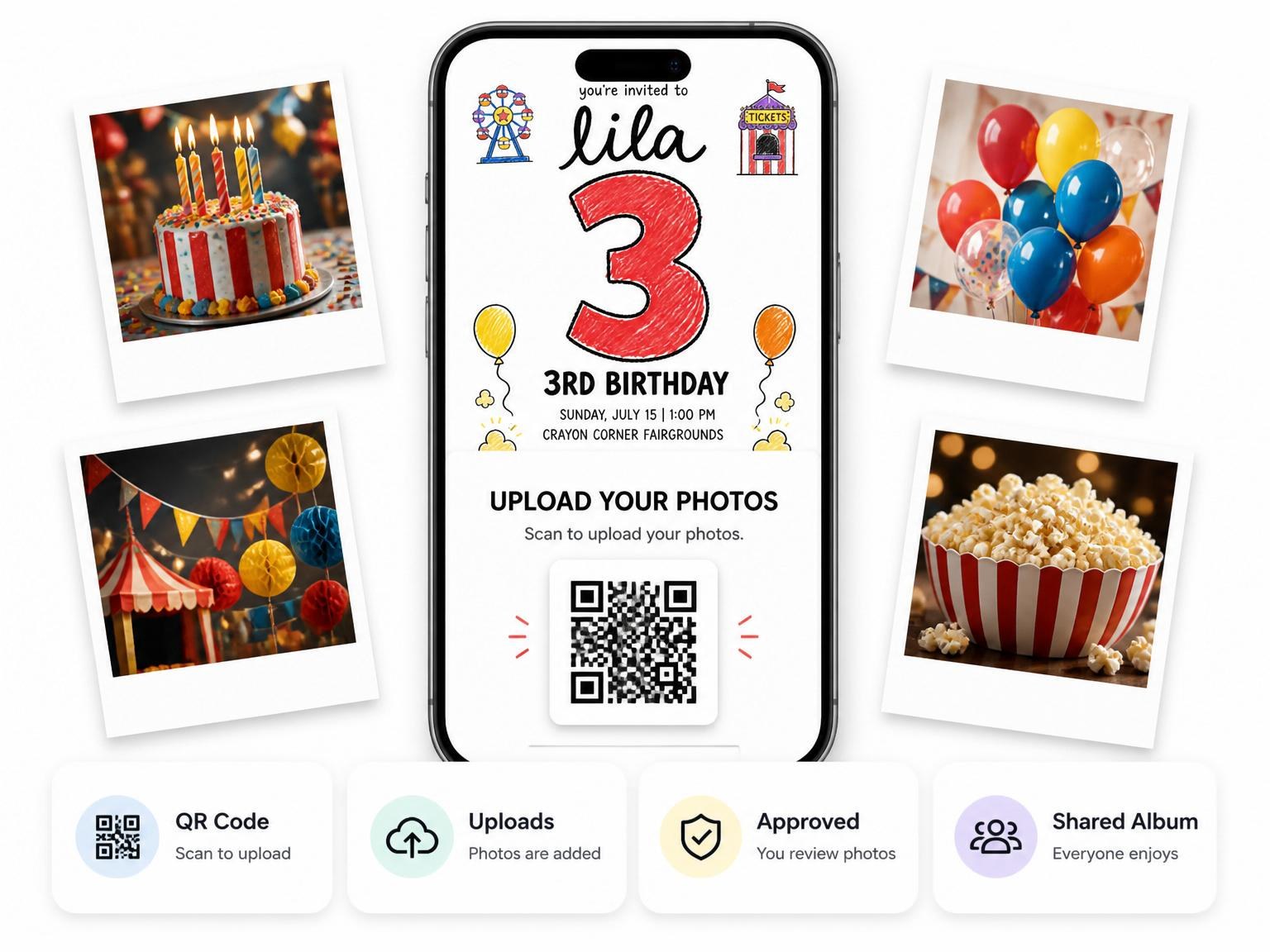 The shared photo gallery that comes with the Crayon Art Carnival 3rd Birthday invitation