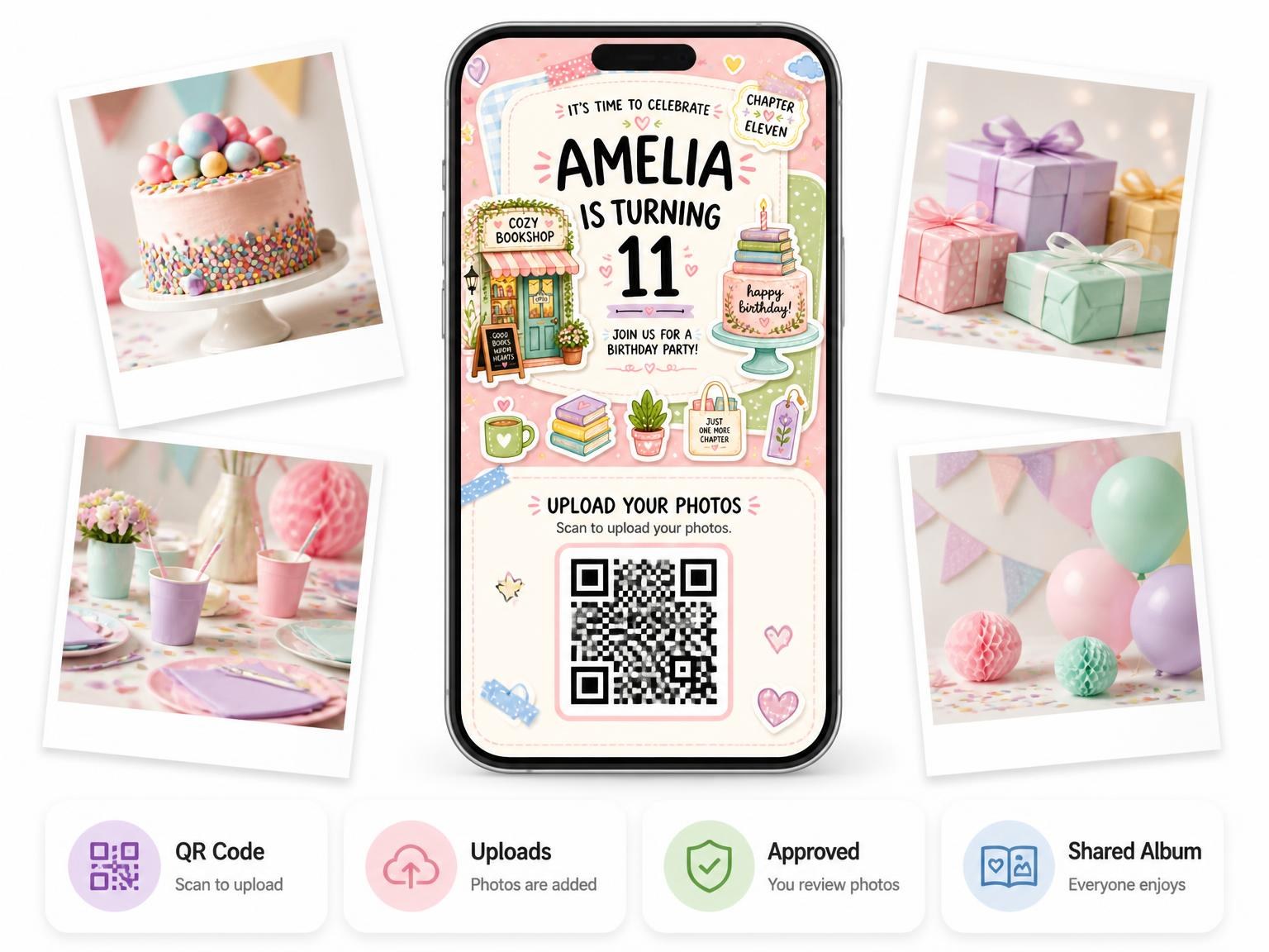 The shared photo gallery that comes with the Cozy Bookshop Pastel 11th Birthday Invitation invitation