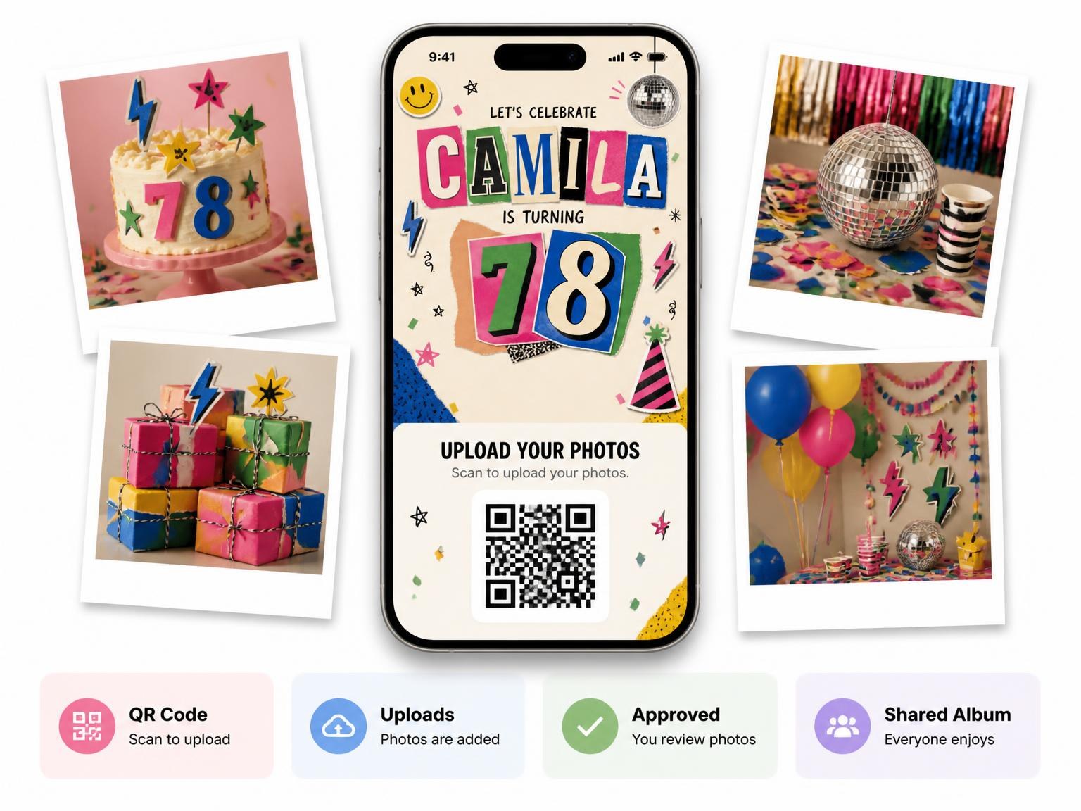 The shared photo gallery that comes with the Retro Paper Collage 78th Birthday Invitation invitation