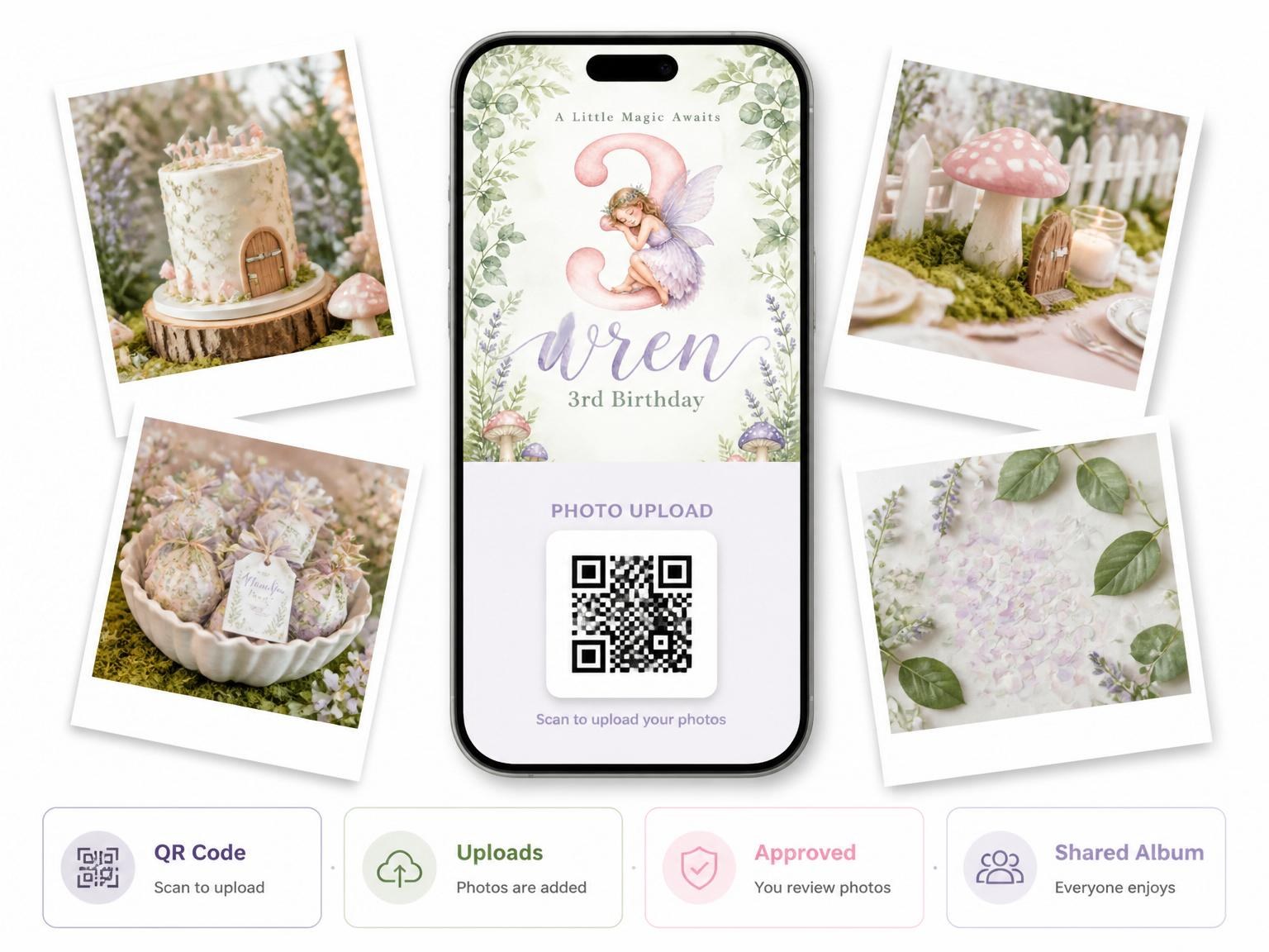 The shared photo gallery that comes with the Watercolor Fairy Forest 3rd Birthday invitation