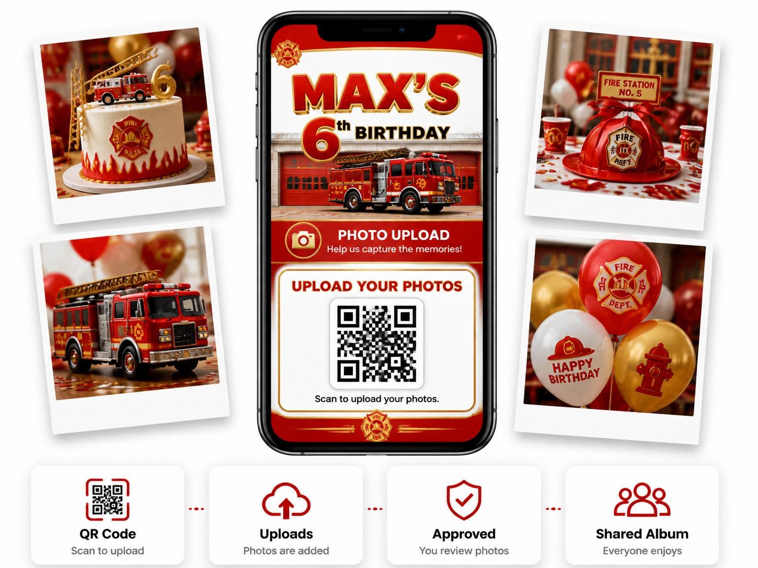 The shared photo gallery that comes with the 3D Fire Truck 6th Birthday Invitation invitation