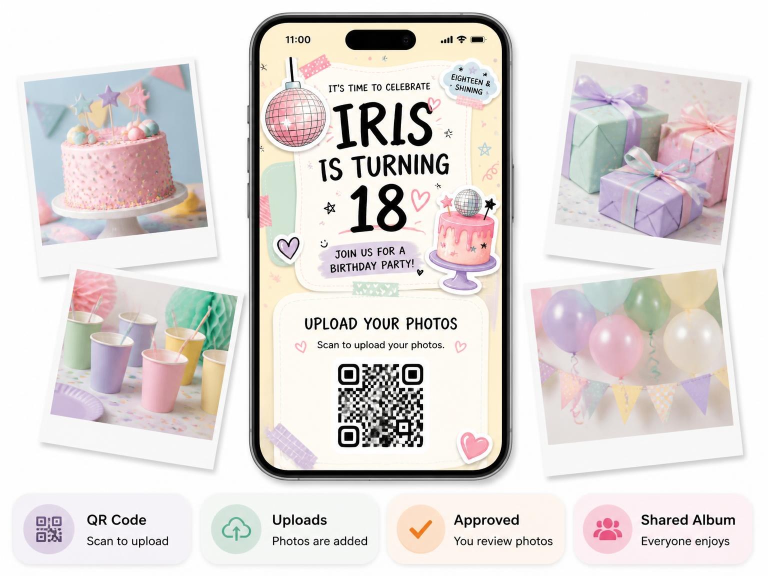 The shared photo gallery that comes with the Disco Ball Pastel 18th Birthday Invitation invitation