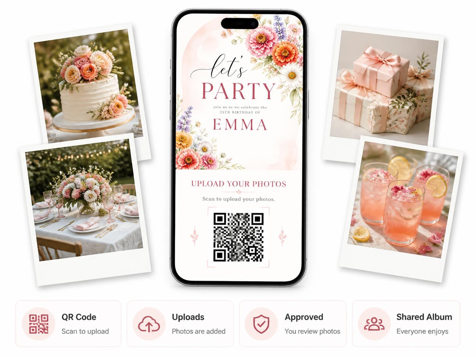 The shared photo gallery that comes with the Pastel Zinnia Daisy Arch 25th Birthday Invitation invitation