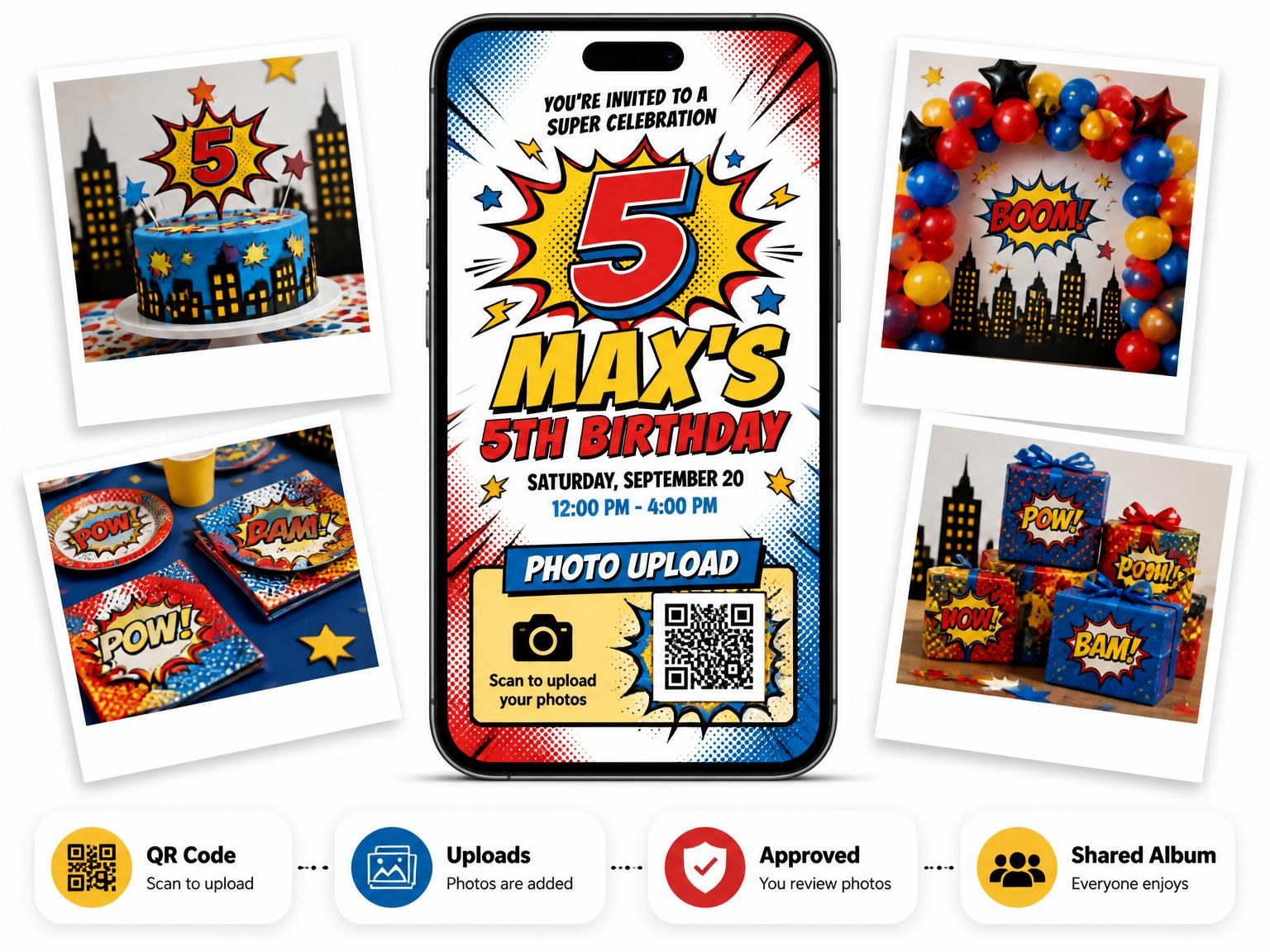The shared photo gallery that comes with the Primary Color Pop-Art 5th Birthday invitation