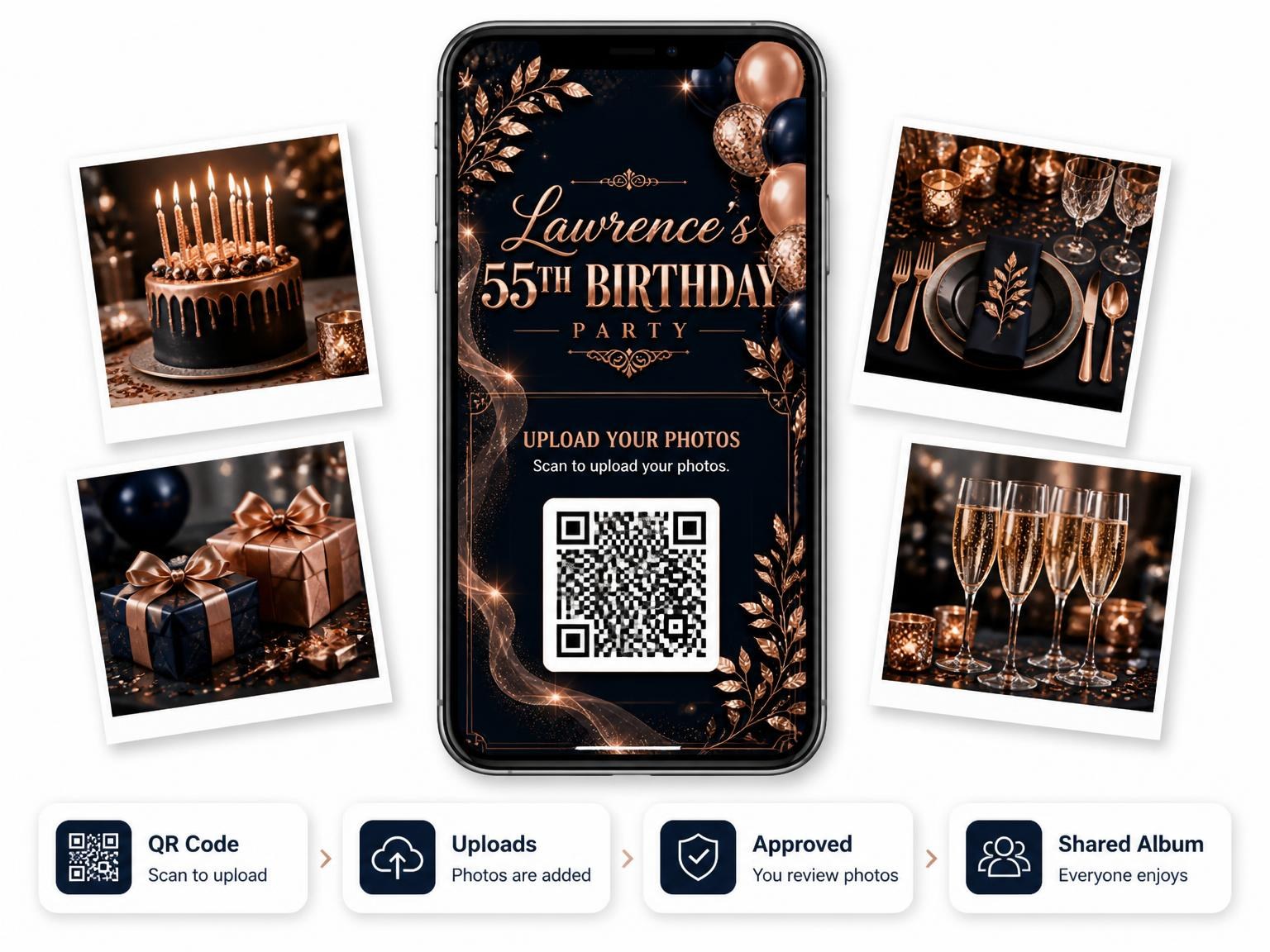 The shared photo gallery that comes with the Navy and Rose Gold 55th Birthday Invitation invitation