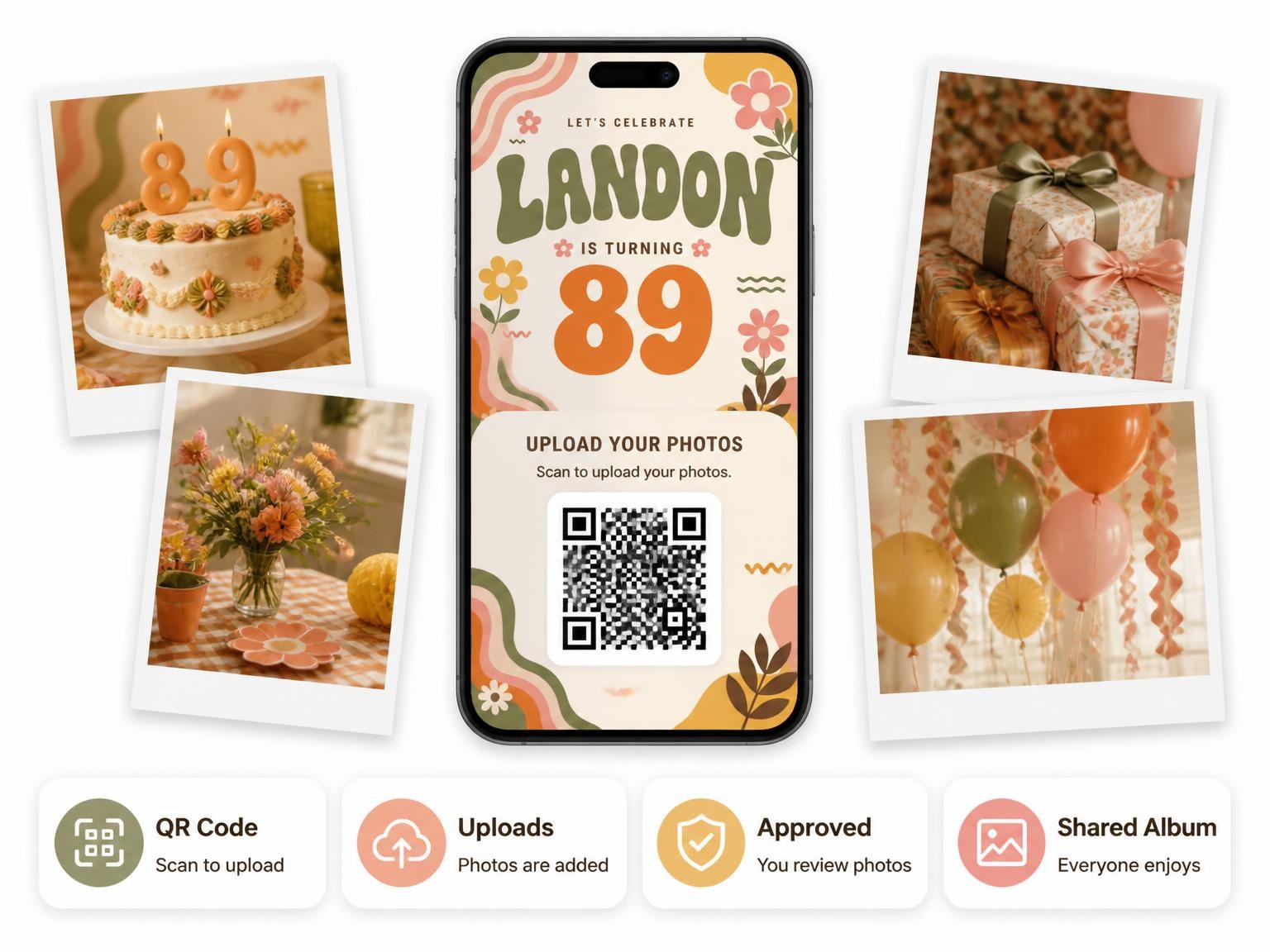 The shared photo gallery that comes with the Groovy Retro 89th Birthday Invitation invitation
